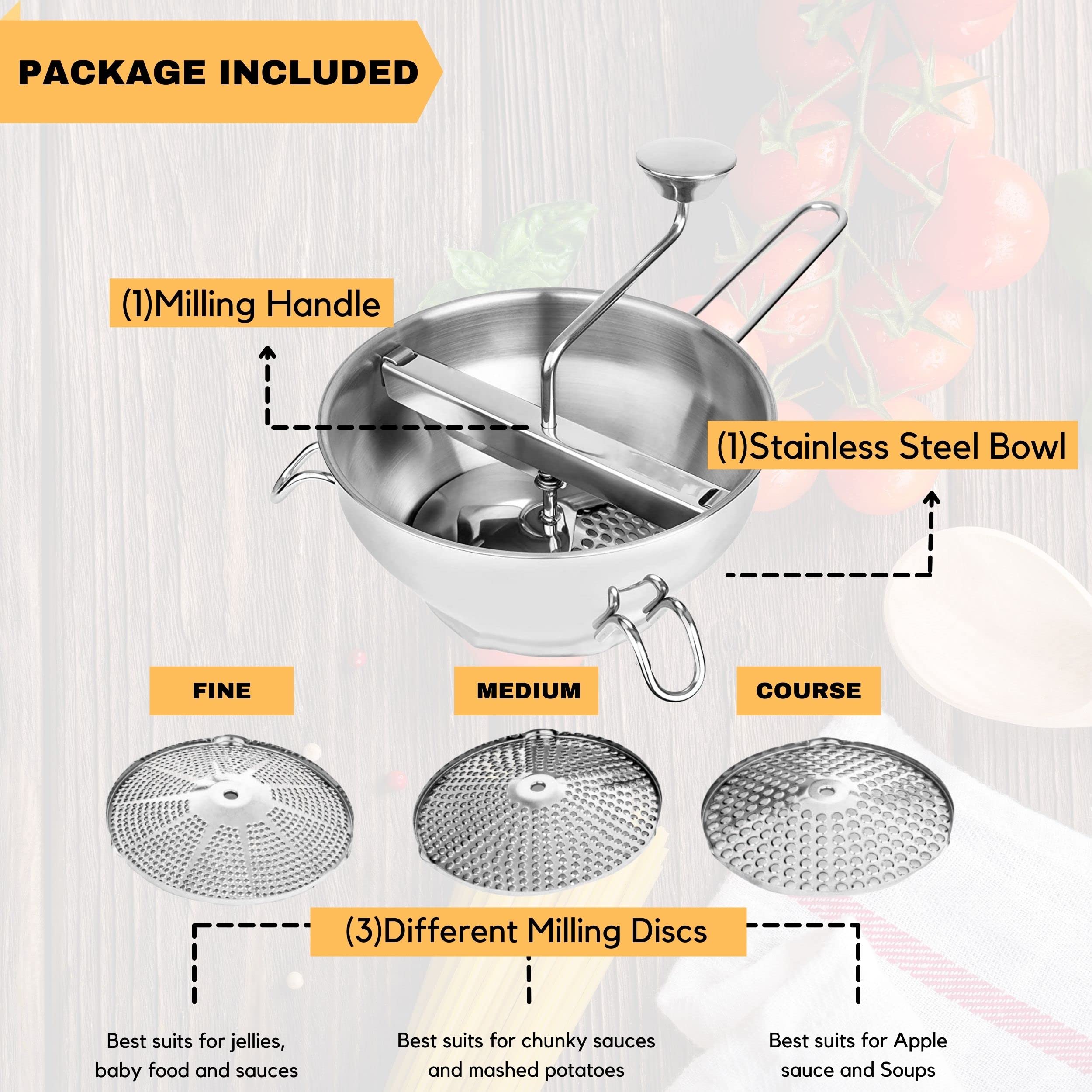 Premium Stainless Steel Food Mill with 3 Interchangeable Grinding Discs - Professional Kitchen Tool for Making Tomato Sauce, Mashed Potatoes, Purees, Baby Food & Canning - Dishwasher Safe - Perfect for Home Cooking, Restaurant Use & Food Preservation