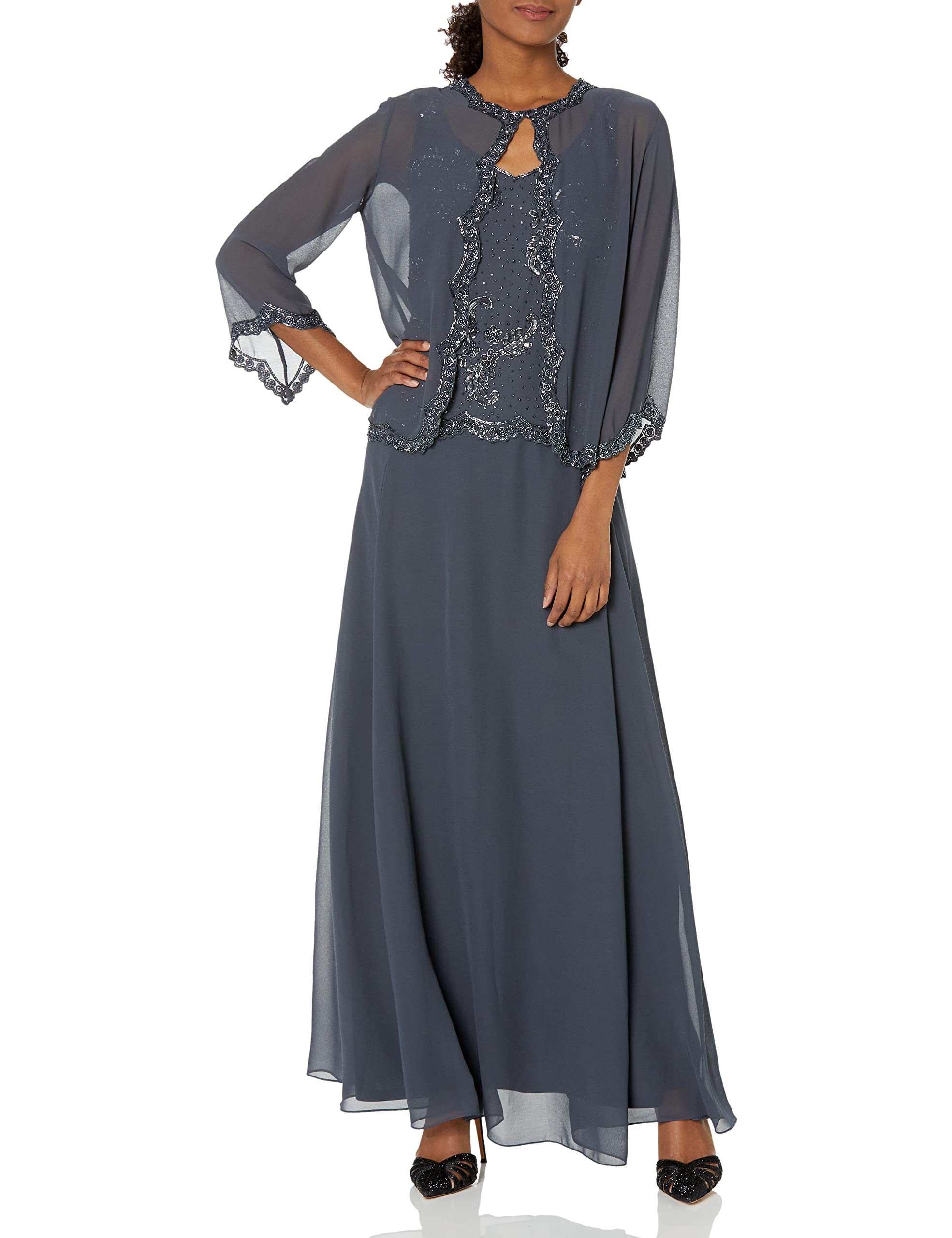 J Kara Women's Beaded Jacket Dress - Elegant Embroidered Boho Maxi Dress for Parties, Weddings & Special Occasions