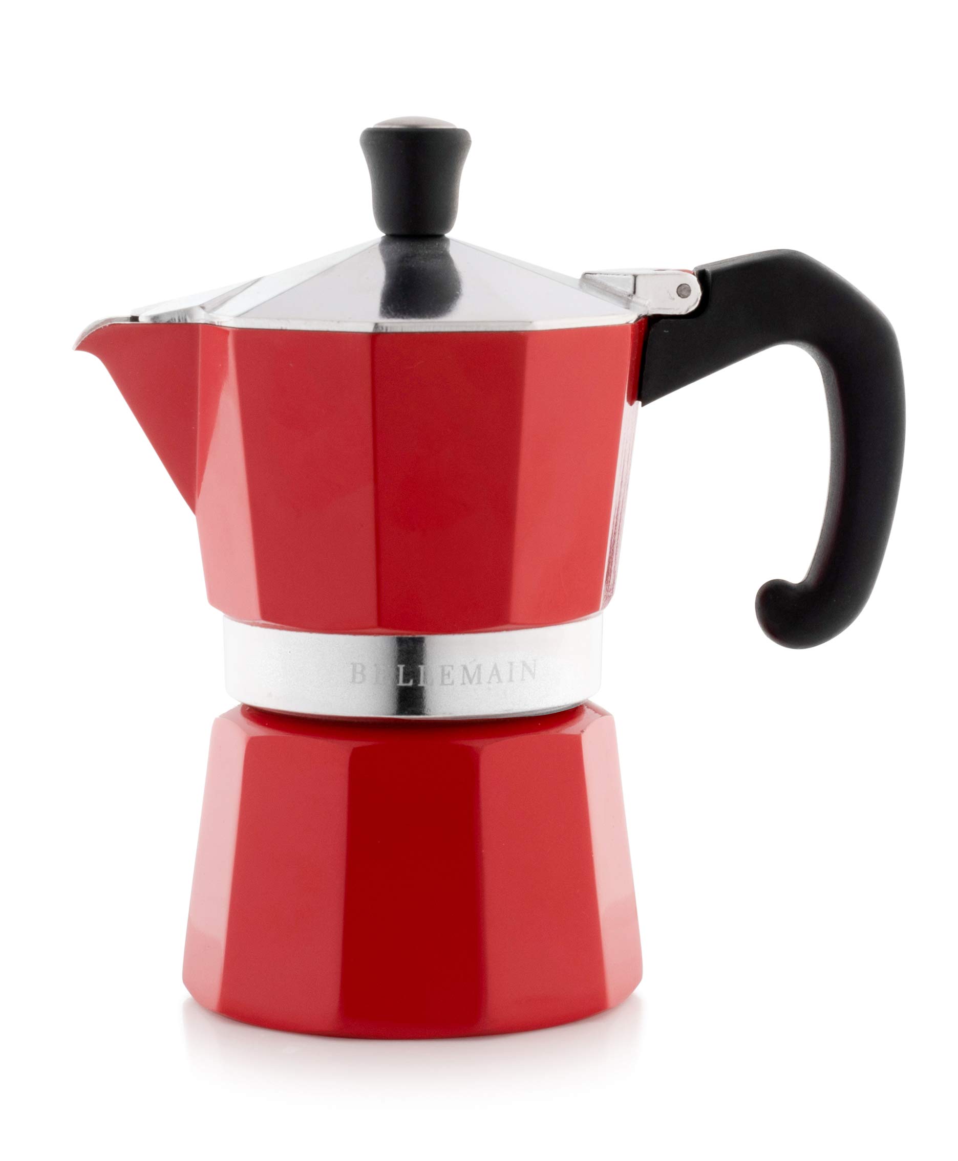 Bellemain Stovetop Espresso Maker Moka Pot - 3 Cup Italian Coffee Maker for Gas & Electric Stoves - Perfect for Home, Office & Camping (Red)