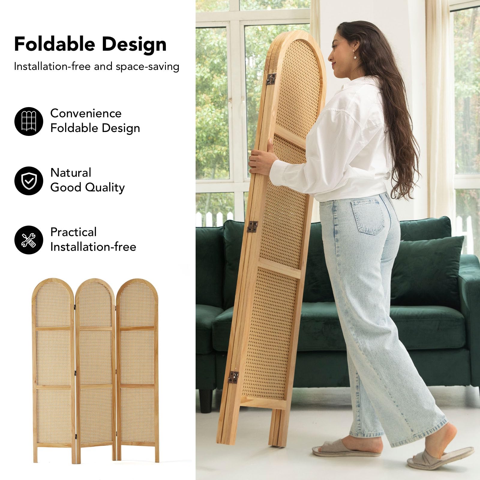 5.6 Ft Pine Wood Room Divider with Double Hinged Rattan Panels - Freestanding Folding Privacy Screen for Home Office, Bedroom & Living Room (3-Panel, Natural) - Perfect for Space Separation & Home Decor