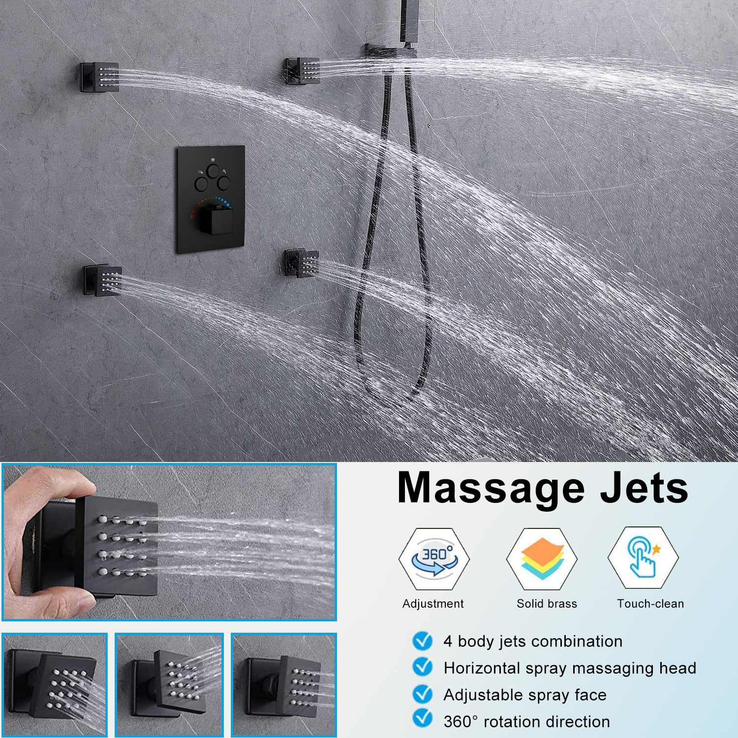 12 Inch Black Thermostatic Shower System - Wall Mounted Full Body Shower Faucet Set with 4PCS Body Jets | Modern Bathroom Fixtures for Spa-Like Experience at Home