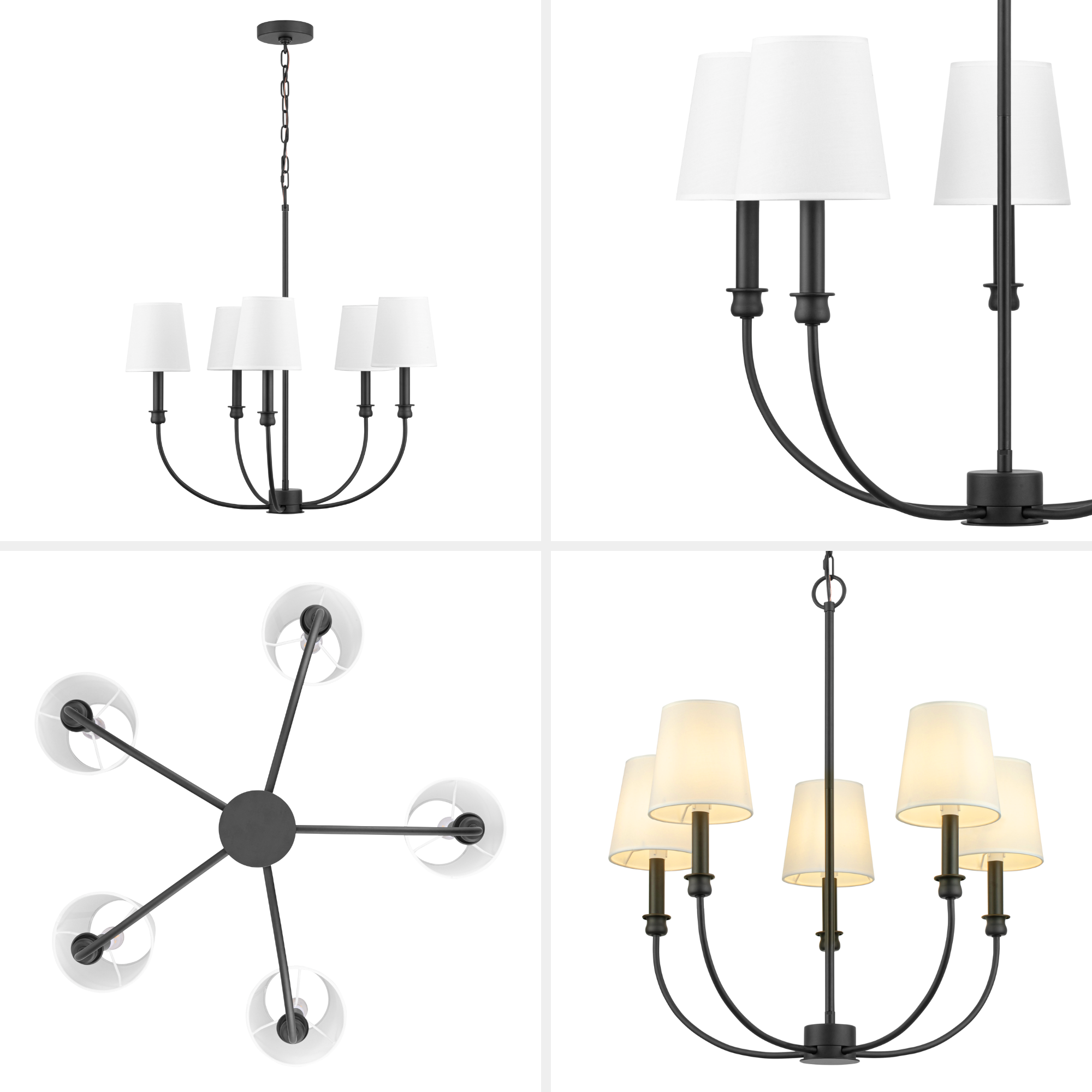5-Light Billet Chandelier in Matte Black with Fabric Shades - Perfect for Dining Room, Living Room, and Bedroom Lighting