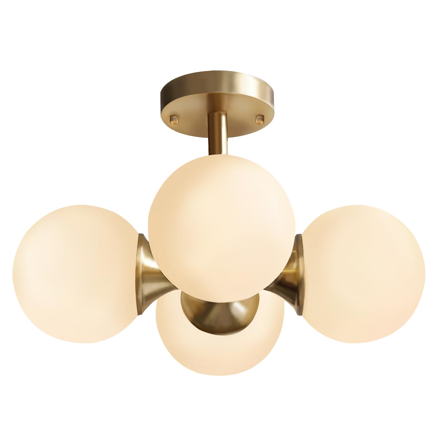 Modo Lighting Antique Brass 4-Light Ceiling Fixture - Mid-Century Modern Flush Mount Chandelier with Frosted Glass Globes - Perfect for Bedroom, Living Room, Dining Room & Entryway Lighting