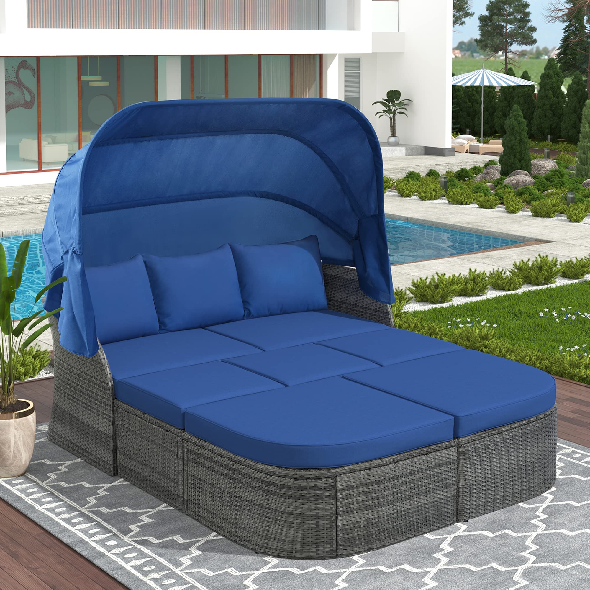 Amposei Outdoor Patio Furniture Set - Blue Rattan Wicker Sunbed Sectional with Canopy for Porch, Balcony, Backyard | Perfect for Lounging, Sunbathing & Relaxing in Your Outdoor Space