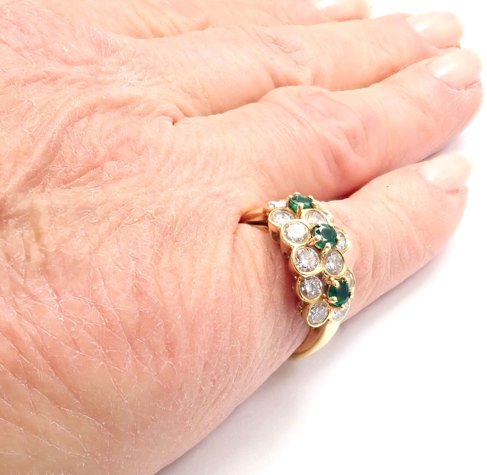 Authentic Van Cleef & Arpels 18k Yellow Gold Emerald Diamond Fleurette Ring for Women - Luxury Jewelry Gift for Anniversary, Engagement & Special Occasions