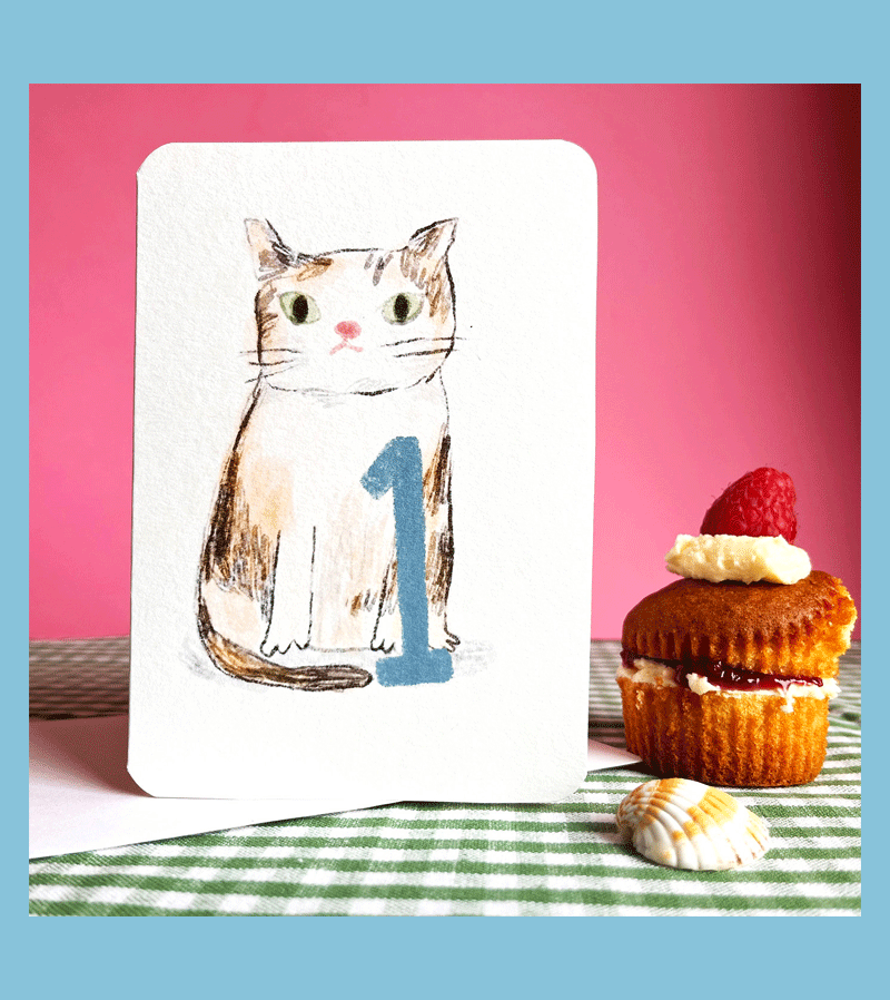 Laura Skilbeck Handmade Cat Birthday Card for 1-Year-Old Cats - Perfect for Kitten's First Birthday Celebration & Pet Lover Gifts
