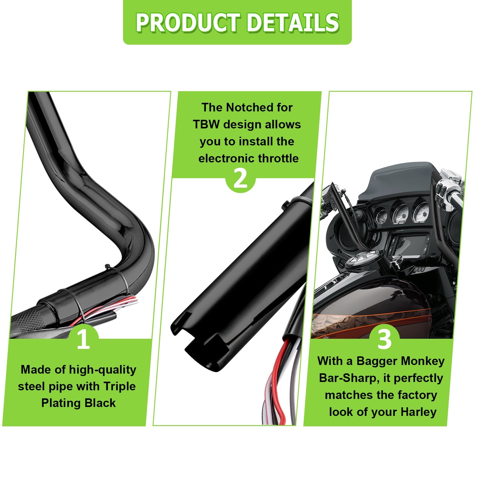 2014-2023 Harley-Davidson Touring Street Glide CVO Electra Glide Motorcycle Handlebar - Gloss Black Pre-Wired Bagger Handlebars for Custom Cruiser & Long-Distance Riding