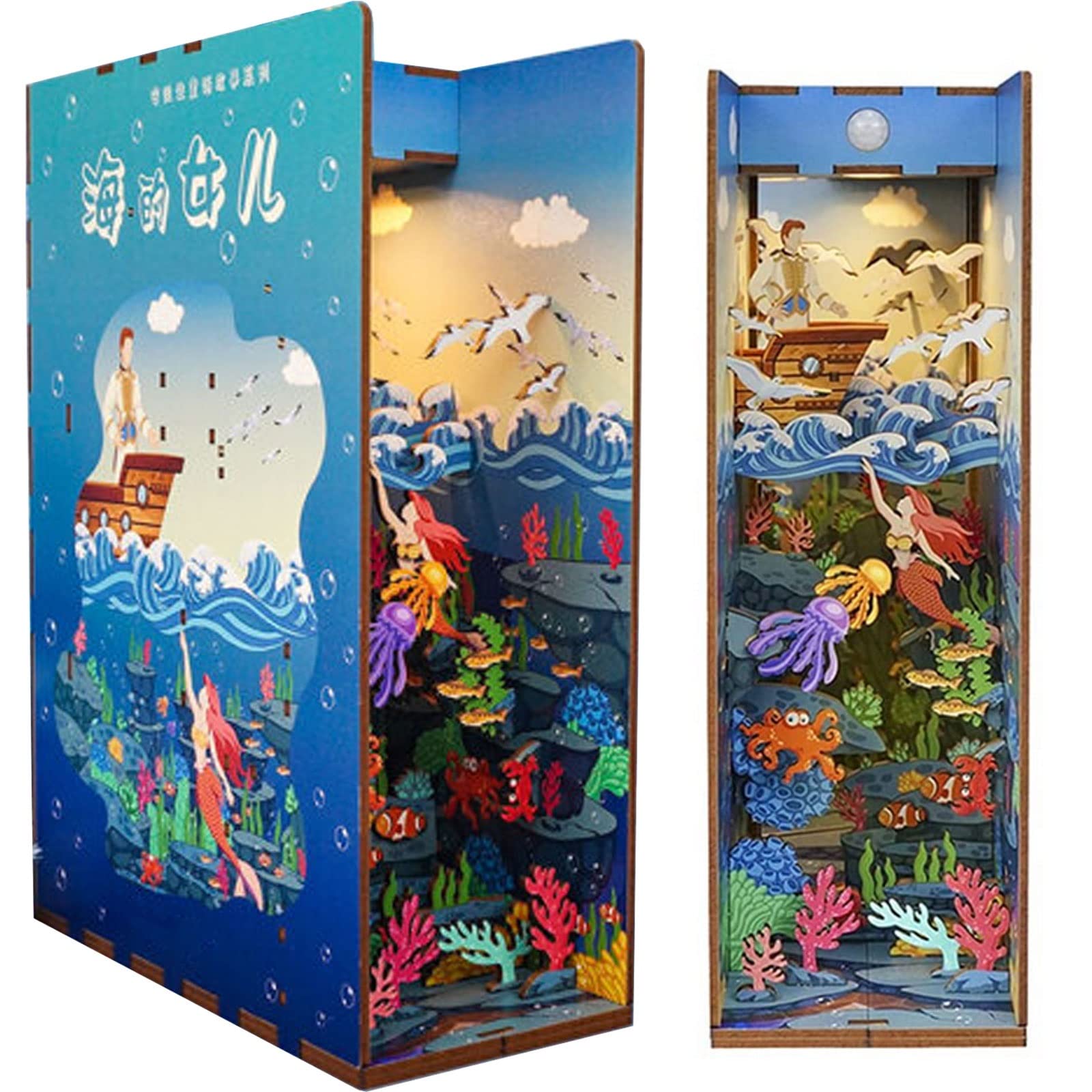 HMLOPX Wooden Book Nook 3D Puzzle DIY Dollhouse Bookend Decor with Sensor Light - Bookshelf Insert Building Kit, Personalized Assembled Gift for Birthdays, Valentine's Day (Mermaid Princess Color) - Perfect for Home Library Decor, Reading Nooks, and Unique Gift Ideas