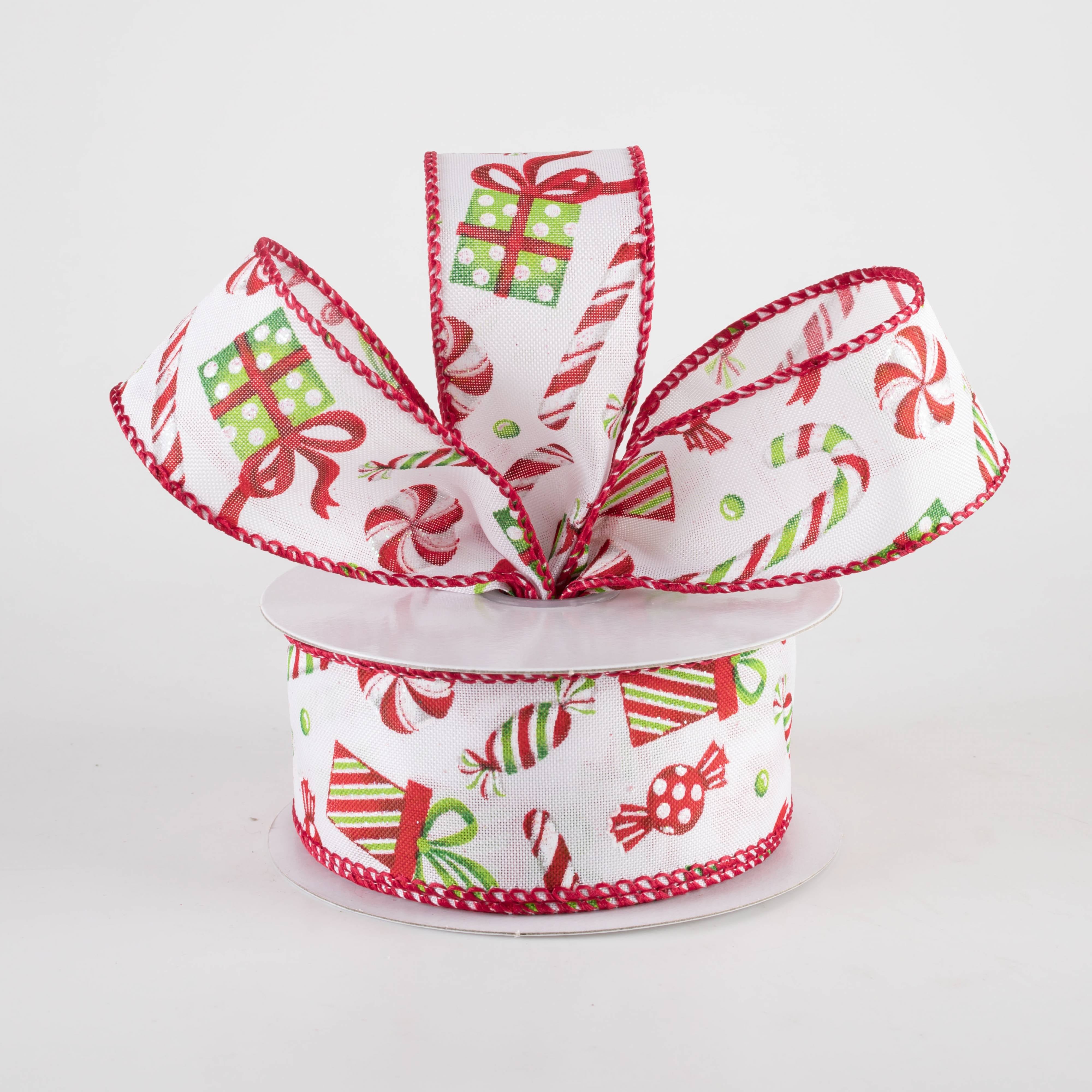 1.5 Inch Christmas Ribbon for Gifts & Candy Canes - White, Red, Lime Green Decorative Ribbon (10 Yards) - Perfect for Holiday Wrapping, DIY Crafts, and Christmas Tree Decorations