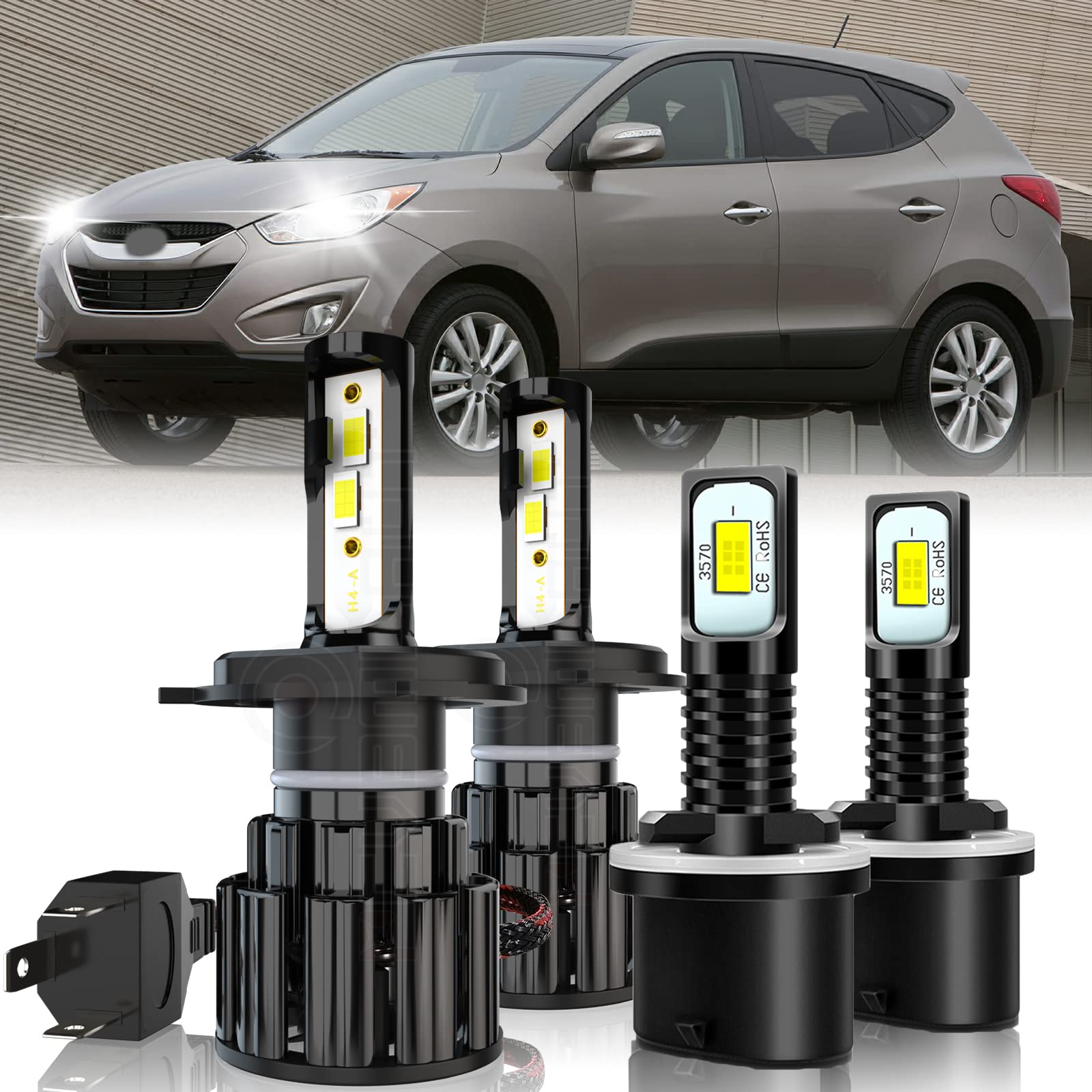2010-2013 Hyundai Tucson LED Headlight Bulbs Kit - H4 9003 HB2 High/Low Beam & 880 Fog Lights - 60W 10000LM 6000K Super Bright CSP LED Bulbs - Plug & Play (Pack of 4) - Perfect for Night Driving & Foggy Conditions