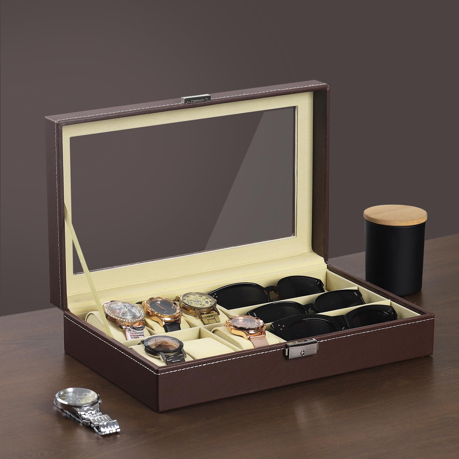 AUTOARK Genuine Leather 6-Slot Watch Box & 3-Piece Eyeglass Storage Organizer - Premium Sunglasses Display Case for Men & Women, Brown (AW-020) | Perfect for Home, Office & Travel Accessory Organization
