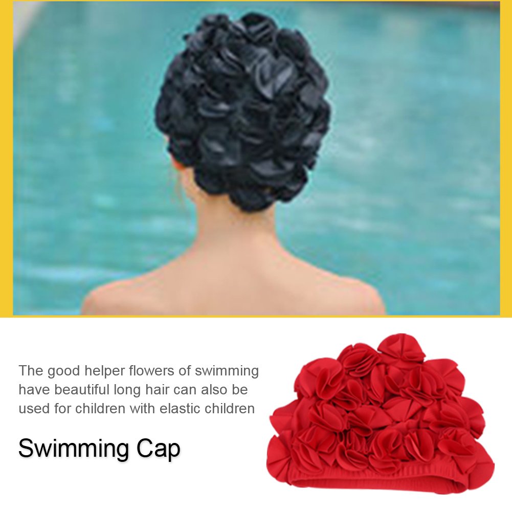 Alomejor Retro Floral Swim Hat for Women & Kids - Elastic Long Hair Bathing Cap - Waterproof & Comfortable for Swimming, Beach, Pool & Water Sports (Red)