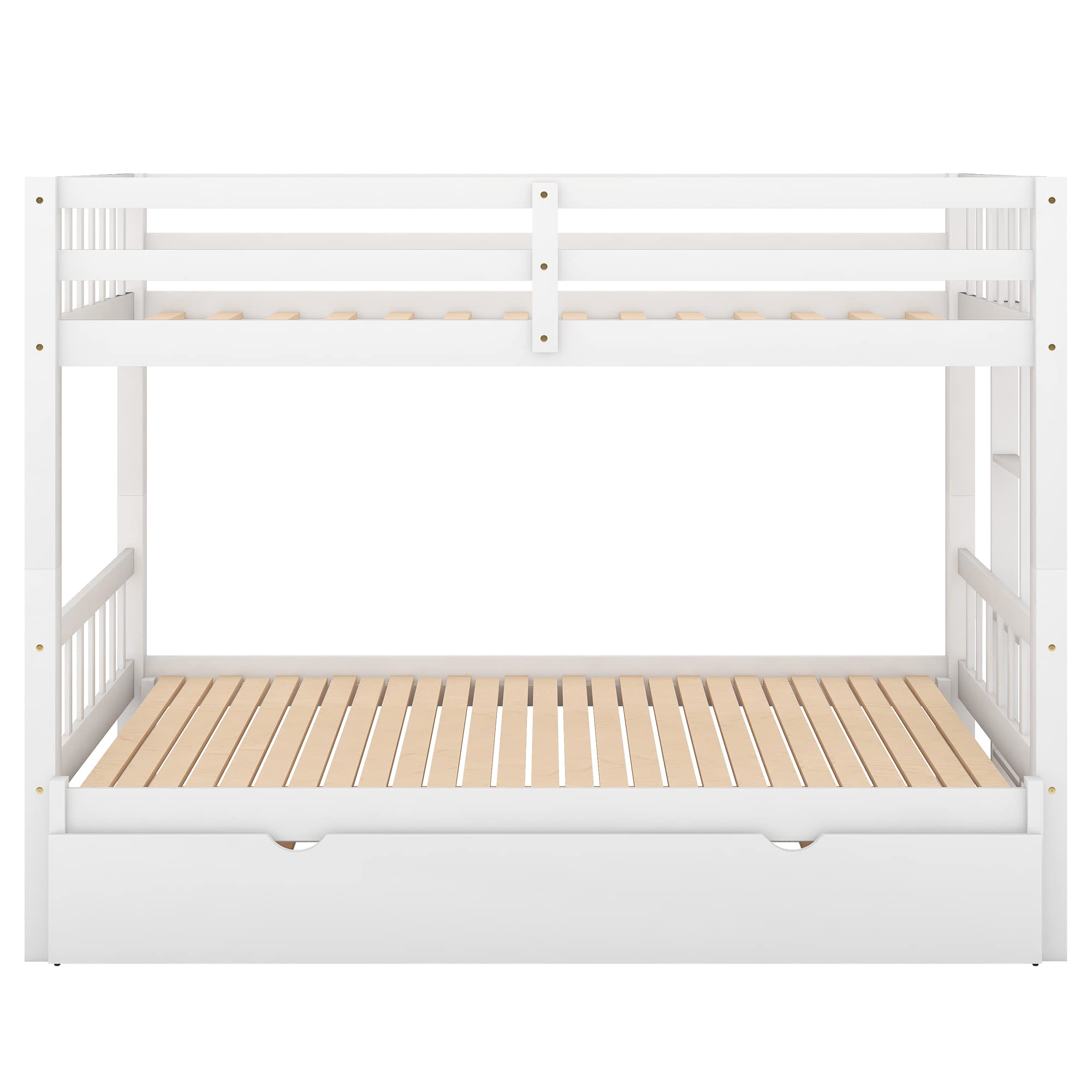 Twin Over Twin Bunk Bed with Trundle - Expandable Wooden Bunk Bed Frame for Kids with Ladder & Safety Rail - Convertible to Twin/Double Bed - Perfect for Small Bedrooms, Guest Rooms & Vacation Homes - White