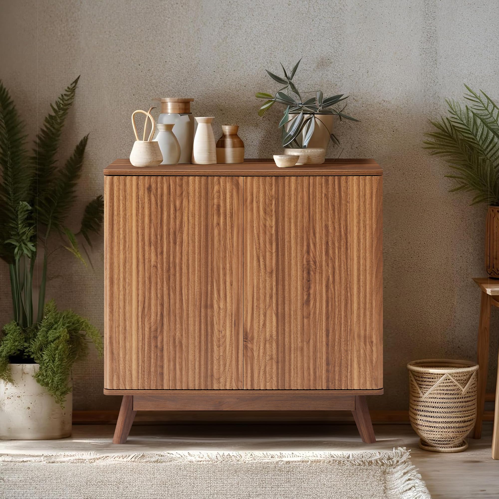 Mid Century Walnut Sideboard Cabinet - Farmhouse Fluted Credenza with 2 Doors for Kitchen, Dining Room, Office & Living Room Storage | Perfect for TV Stand, Coffee Buffet & Entryway Organizer
