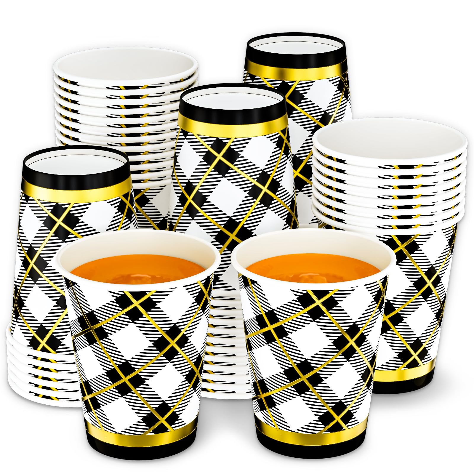 DYLIVeS Black and Gold Disposable Paper Cups - 9oz Gingham Buffalo Plaid Checkered Drinking Cups (50 Count) - Perfect for Holiday Parties, Thanksgiving, Christmas Decorations, Birthday Celebrations & Beverage Serving