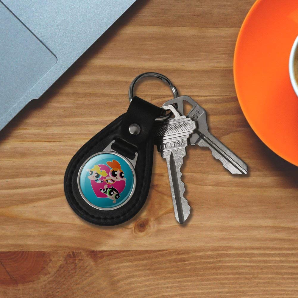 Powerpuff Girls Black Leather Heart Keychain - Cute Cartoon Keyring for Backpacks, Purses & Gifts | Anime Accessories for Fans & Collectors