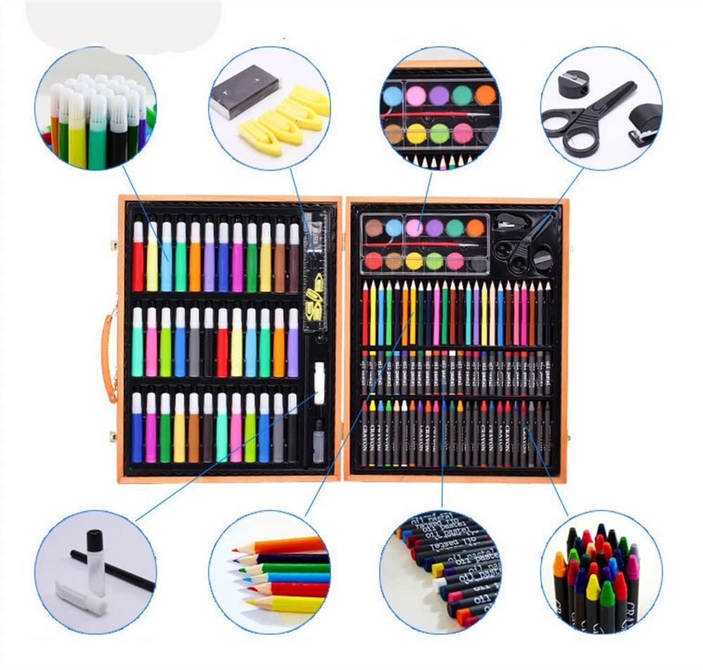 150-Piece Deluxe Art Set with Portable Wooden Case - Includes Crayons, Oil Pastels, Colored Pencils, Acrylic Paints & Watercolor Cakes - Perfect for Artists, Students & DIY Craft Projects