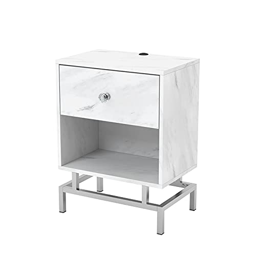 BOWERY HILL Modern White Marble Top Wooden Nightstand - Contemporary 1-Drawer Bedside Table for Living Room, Bedroom & Office