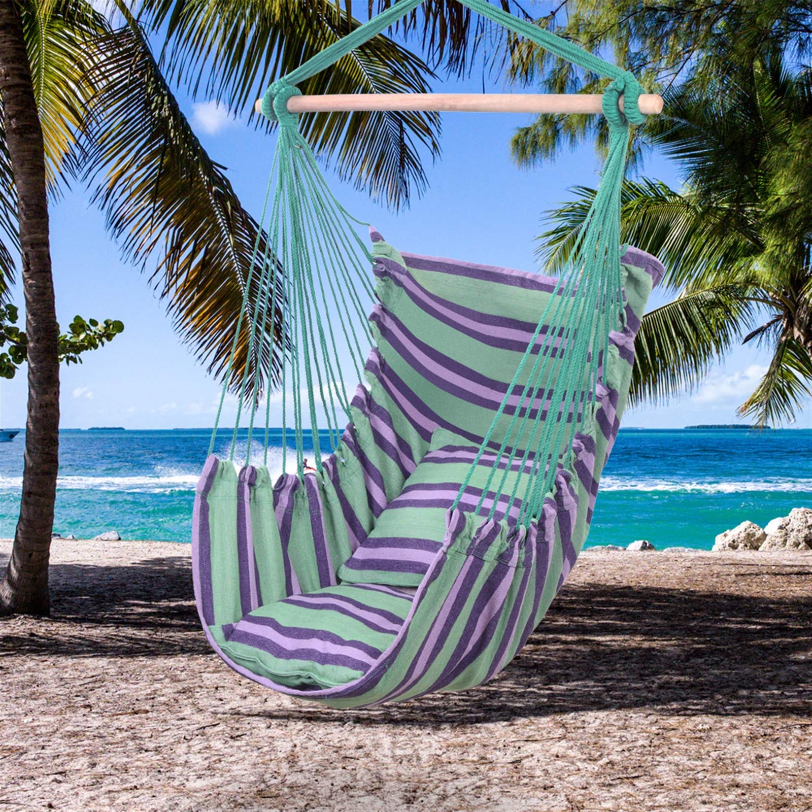 Hanging Rope Swing Chair - Comfortable Hammock Chair for Adults, Indoor/Outdoor Use with 2 Seat Cushions (Green) - Perfect for Bedroom, Porch, Garden, Patio & Yard Relaxation