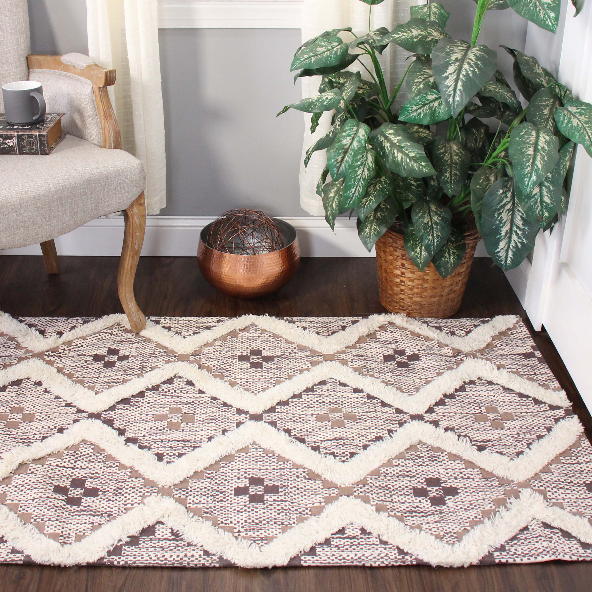 Hand Tufted Cotton Wool Geometric Farmhouse Area Rug - Soft Textured Boho Chic Rug for Living Room, Bedroom, Dining Room Decor