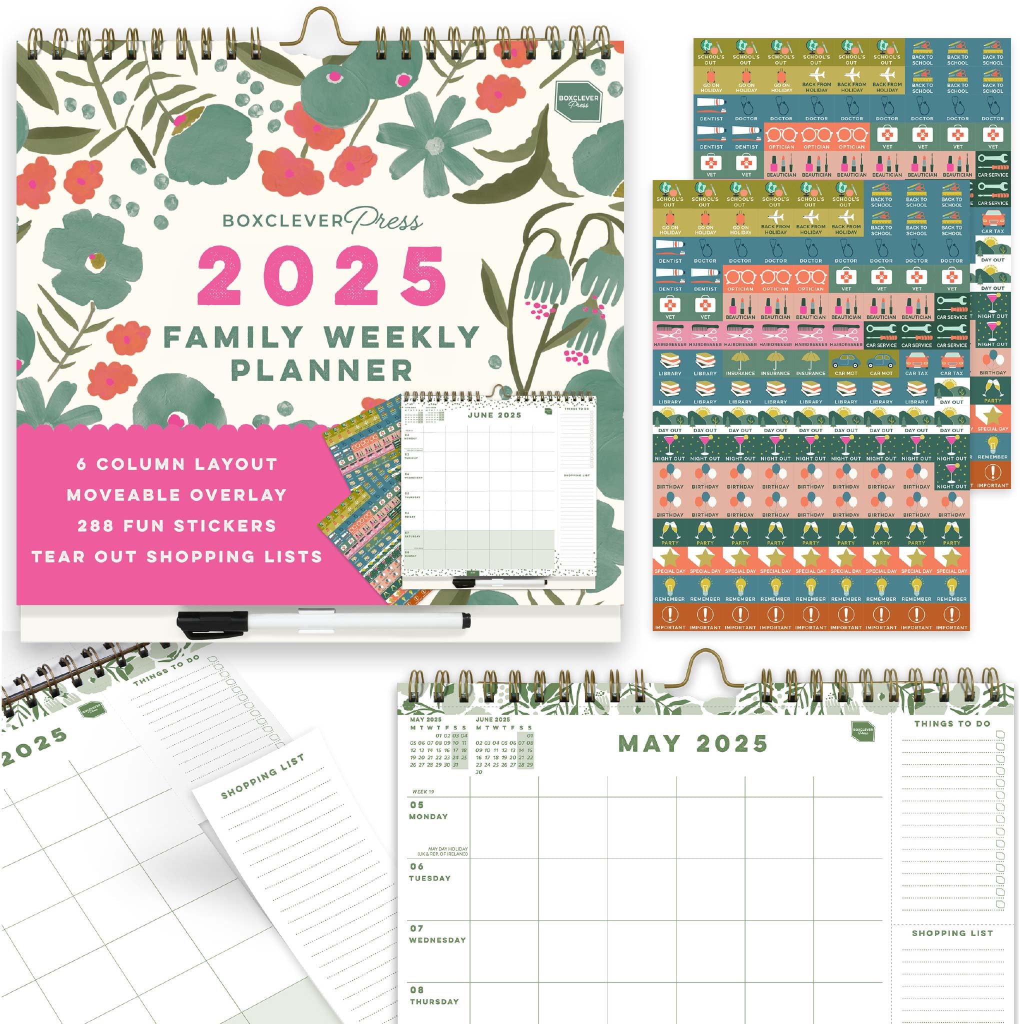 Boxclever Press Family Weekly Planner 2025 - 12 Month Wall Calendar with 6 Columns, Lists, Pocket & Stickers | January to December 2025 | Perfect for Home Organization, School Schedules & Family Planning