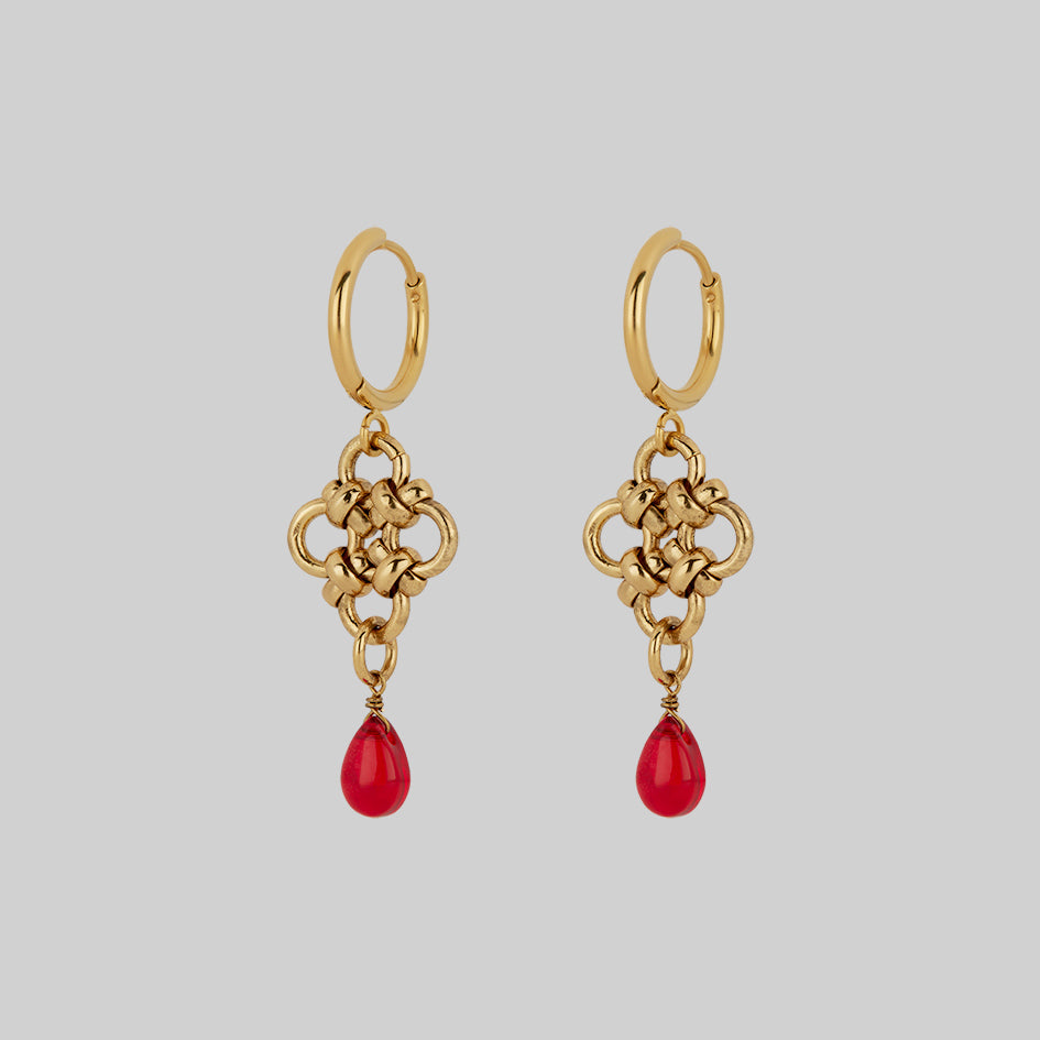 RUBIOUS Gold Chainmail & Red Glass Hoop Earrings - Elegant Statement Jewelry for Women, Perfect for Parties, Weddings & Special Occasions