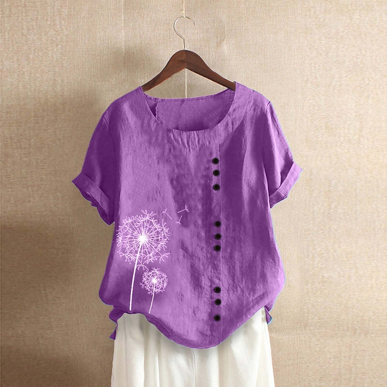 Women's Linen Shirts - Summer Short Sleeve Round Neck Oversized Floral Graphic Tee - Casual Loose Fit Top for Beach, Vacation & Everyday Wear