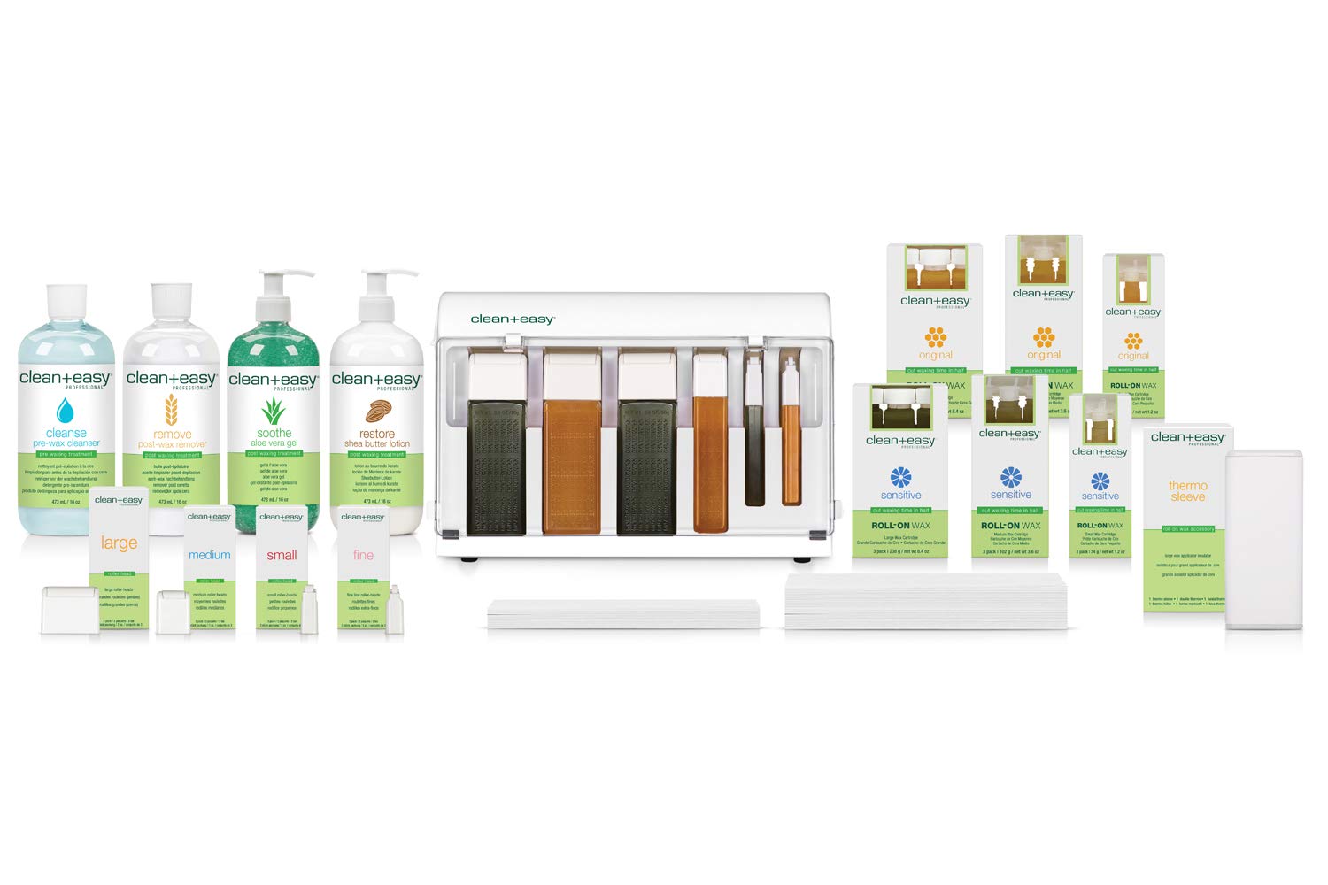 Clean + Easy Waxing Spa Full Service Kit - Roll On Warmer, Hair Removal Wax Cartridges, Pre & Post Wax Treatments, Waxing Strips & Accessories (120V) - Perfect for At-Home Salon & Professional Waxing Services