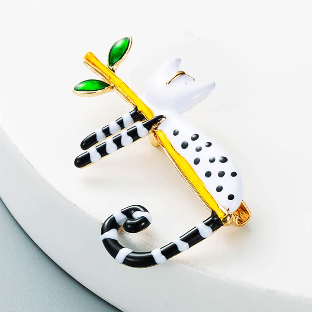 Elegant Black and White Cat Brooch Pin for Women | Cute Enamel Kitten Lapel Pin | Fashionable Animal Jewelry Accessory | Perfect for Dresses, Coats, and Gifts (Birthday, Christmas, Anniversary) | Leaf Design Women's Fashion Pin