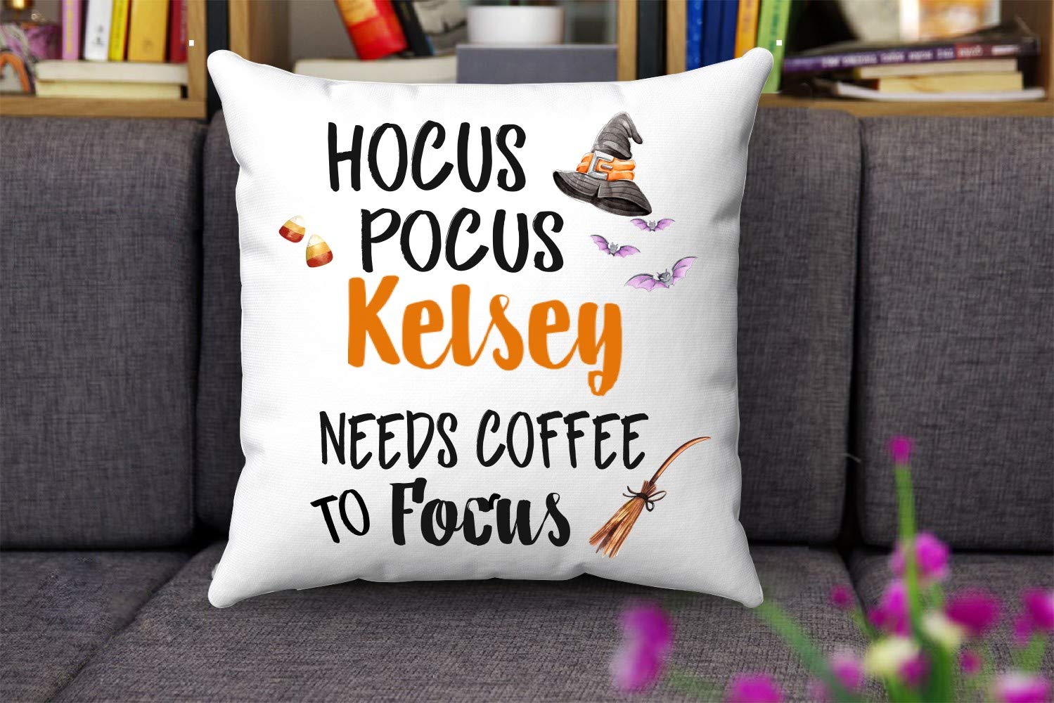 Halloween Throw Pillow Cover 18x18 - Hocus Pocus Kelsey Needs Coffee To Focus - Funny Halloween Gift for Friends & Family - Perfect for Living Room Decor, Couch, Sofa, Bedroom & Halloween Party Decorations