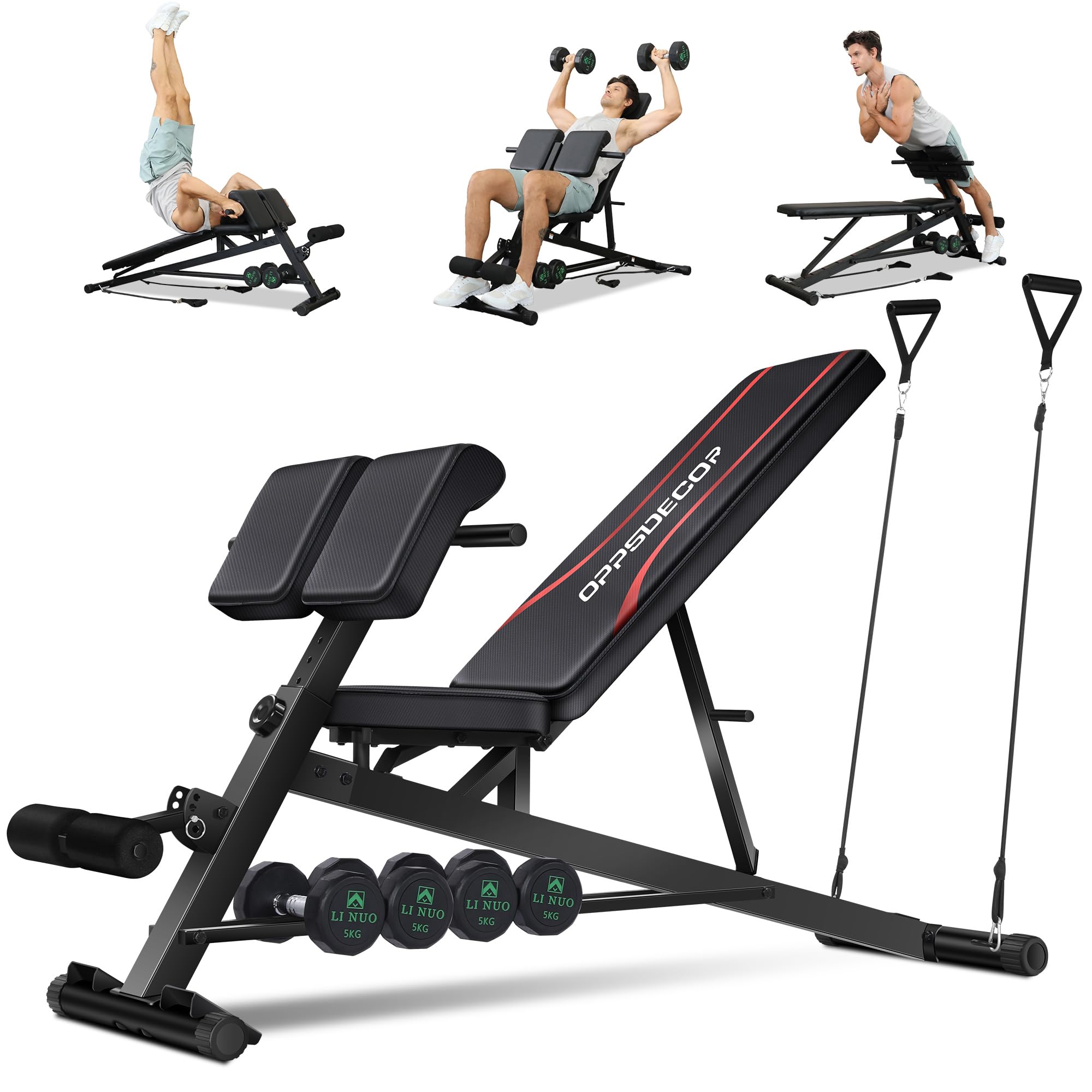 OPPSDECOR 900LBS Adjustable Weight Bench - Multifunctional Home Gym Equipment for Strength Training, Hyperextension, Preacher Curls & Back Exercises with Resistance Bands - Perfect for Home Workouts & Fitness Enthusiasts