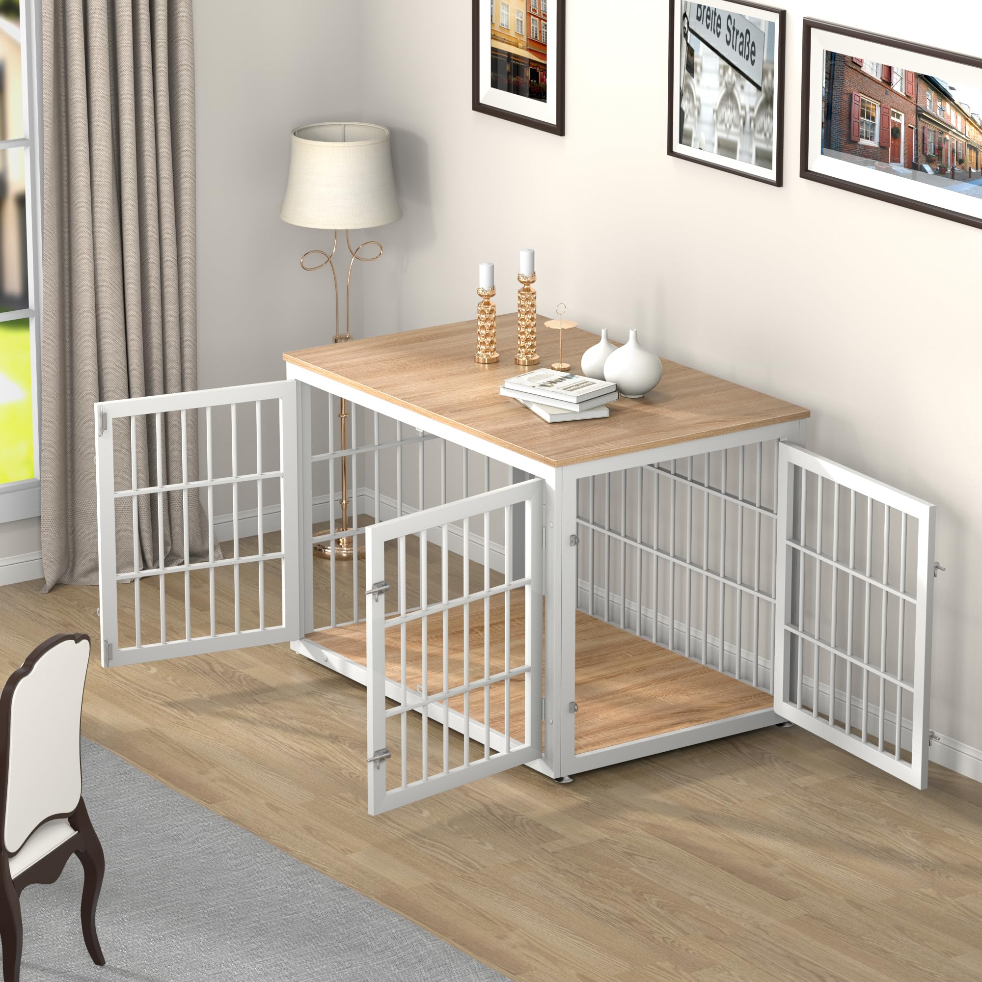 Sturdy Rustic Wooden Dog Crate Furniture for Extra Large Dogs - Decorative Indoor Pet Kennel with End Table Design (XL Size, White & Natural Finish) - Perfect for Living Rooms, Bedrooms & Home Offices