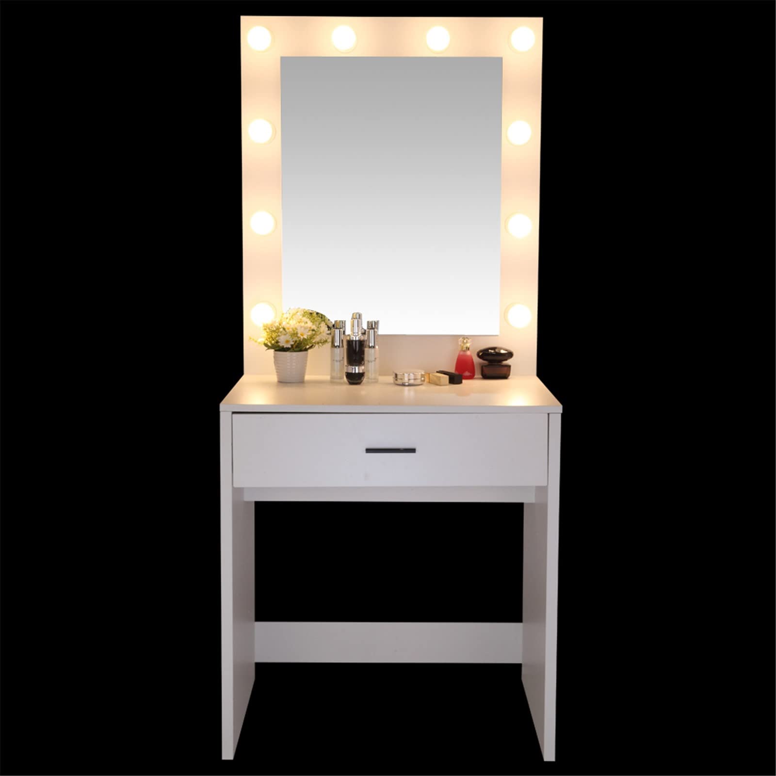 Modern Vanity Table Set with LED Lighted Mirror - 10 Adjustable Warm White Lights & Large Drawer | Makeup Dressing Desk for Bedroom, Beauty Salon or Home Decor | Perfect for Daily Makeup Routine & Professional Cosmetics Organization