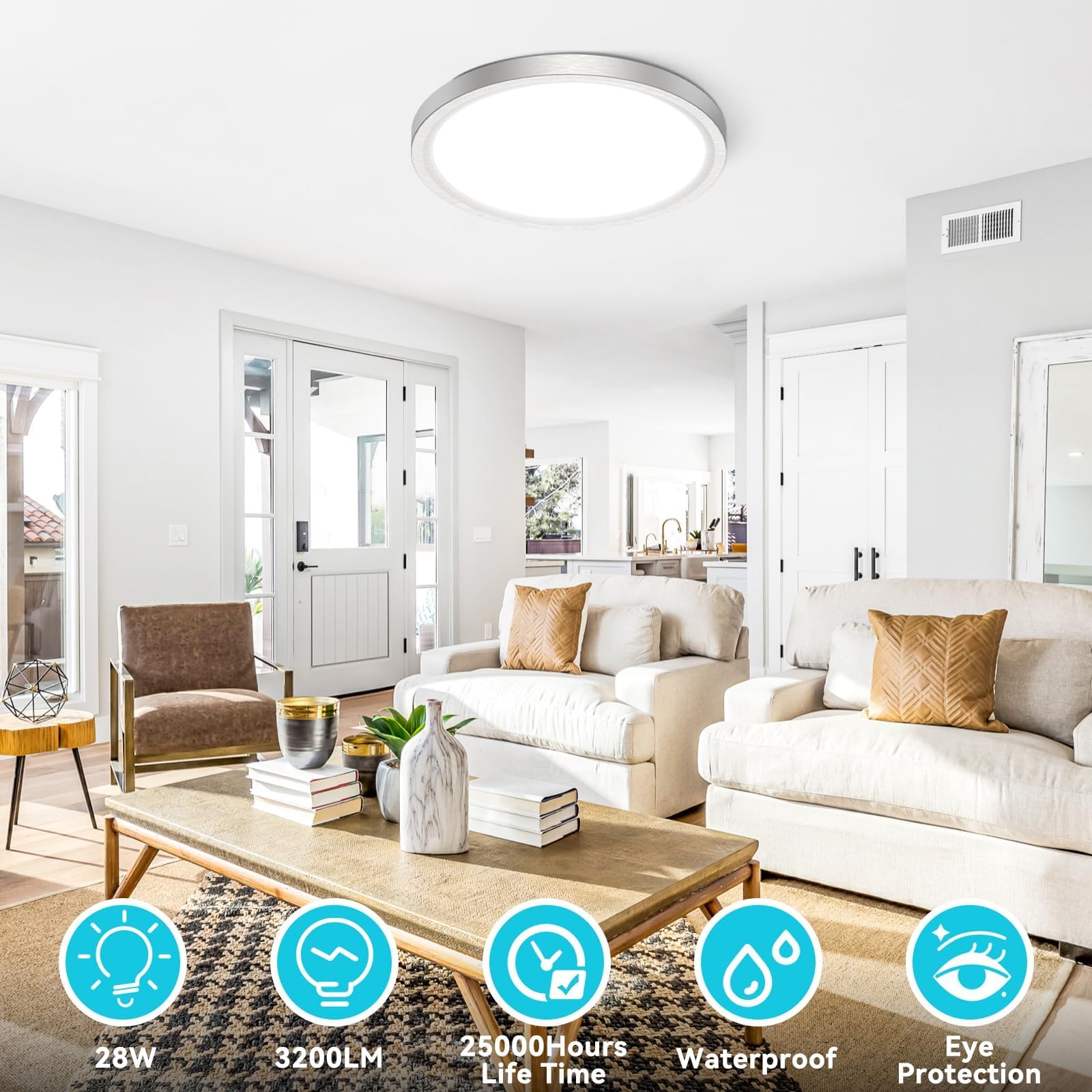 12 Inch Flush Mount LED Ceiling Light Fixture - 3000K/4000K/6500K Adjustable Color Temperature - 28W 3200lm Brushed Nickel Satin Round Ceiling Lamp - 2 Pack - Perfect for Bathroom, Hallway, Kitchen, Bedroom Lighting