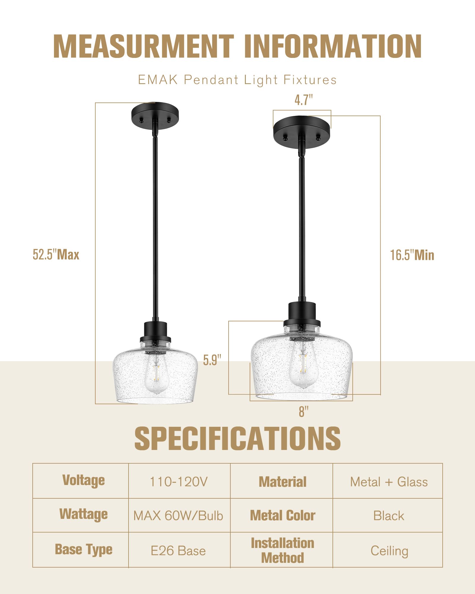 Emak Modern Farmhouse Black Pendant Light Fixture with Seeded Glass Shade - 8 Inch Hanging Light for Kitchen Island, Dining Room, Bathroom & Bedroom | Rustic Industrial Lighting for Home Decor