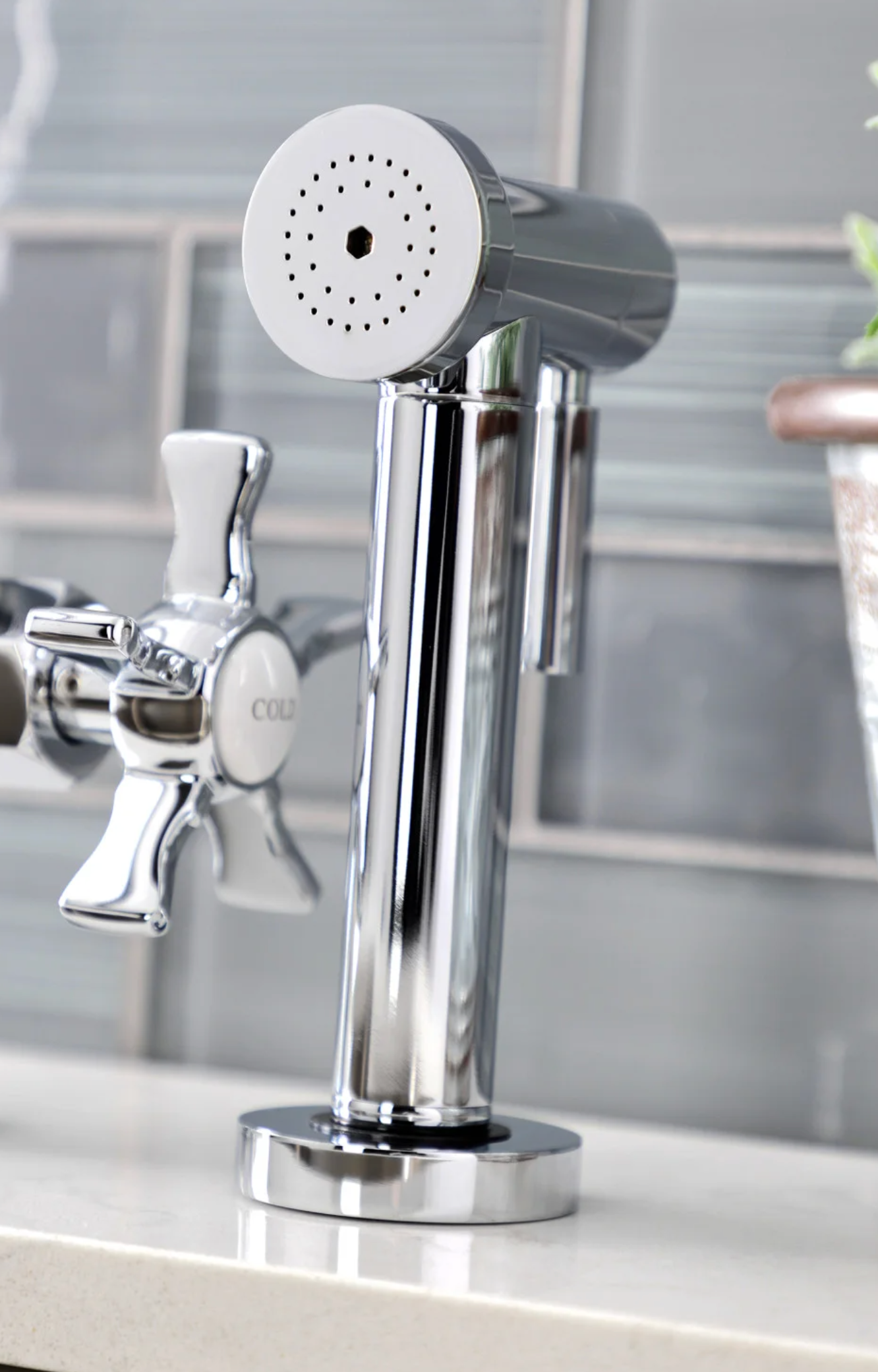 Industrial Style Bridge Kitchen Faucet with Brass Sprayer - Vintage Brass Pull Down Sprayer Faucet for Farmhouse & Modern Kitchens | Perfect for Cooking, Washing Dishes & Food Prep