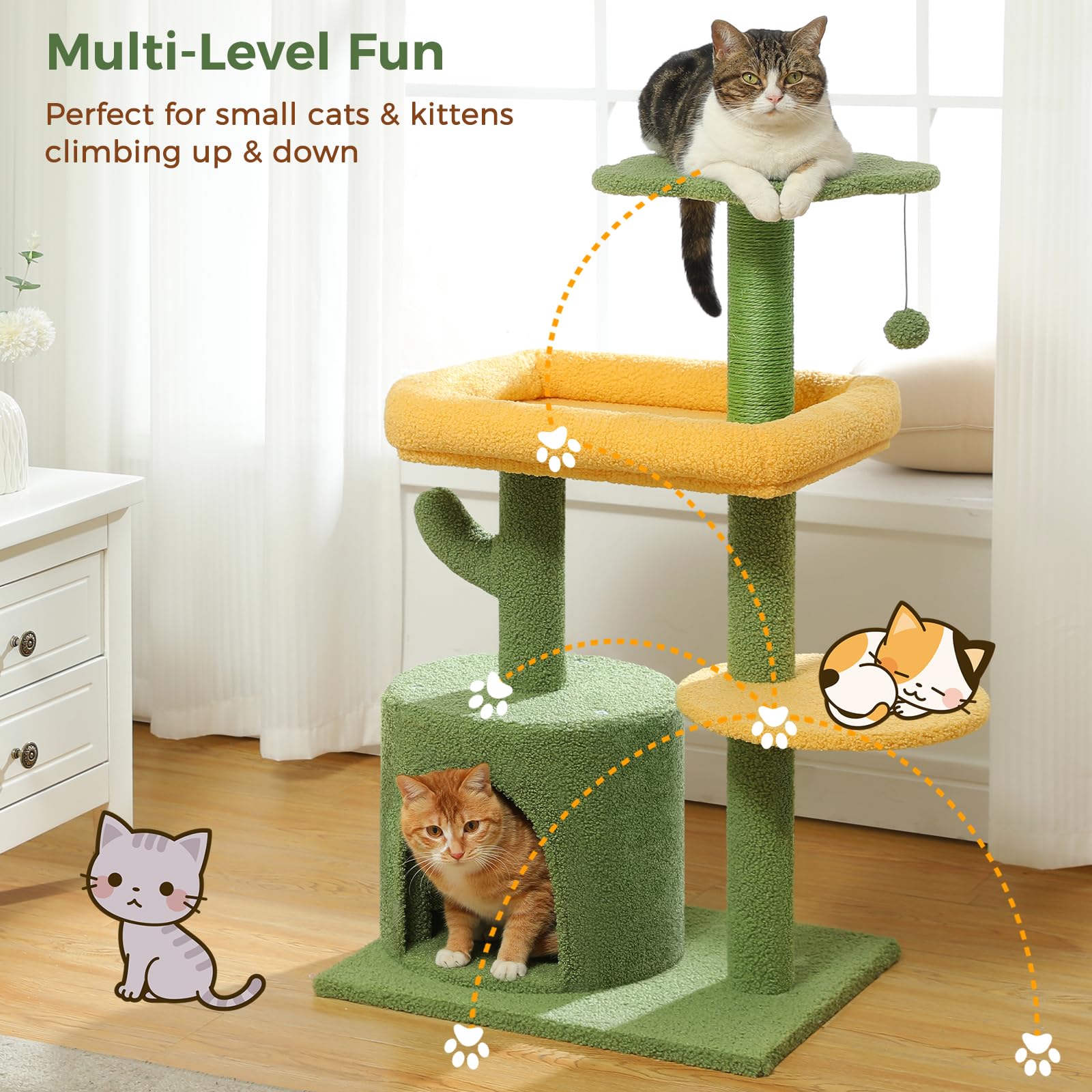 Made4Pets 36.5 Inch Multi-Level Cactus Cat Tree with Scratching Posts & Plush Perch - Indoor Cat Tower with Private Condo for Kittens & Small Cats - Perfect for Play, Rest & Scratching in Home or Office