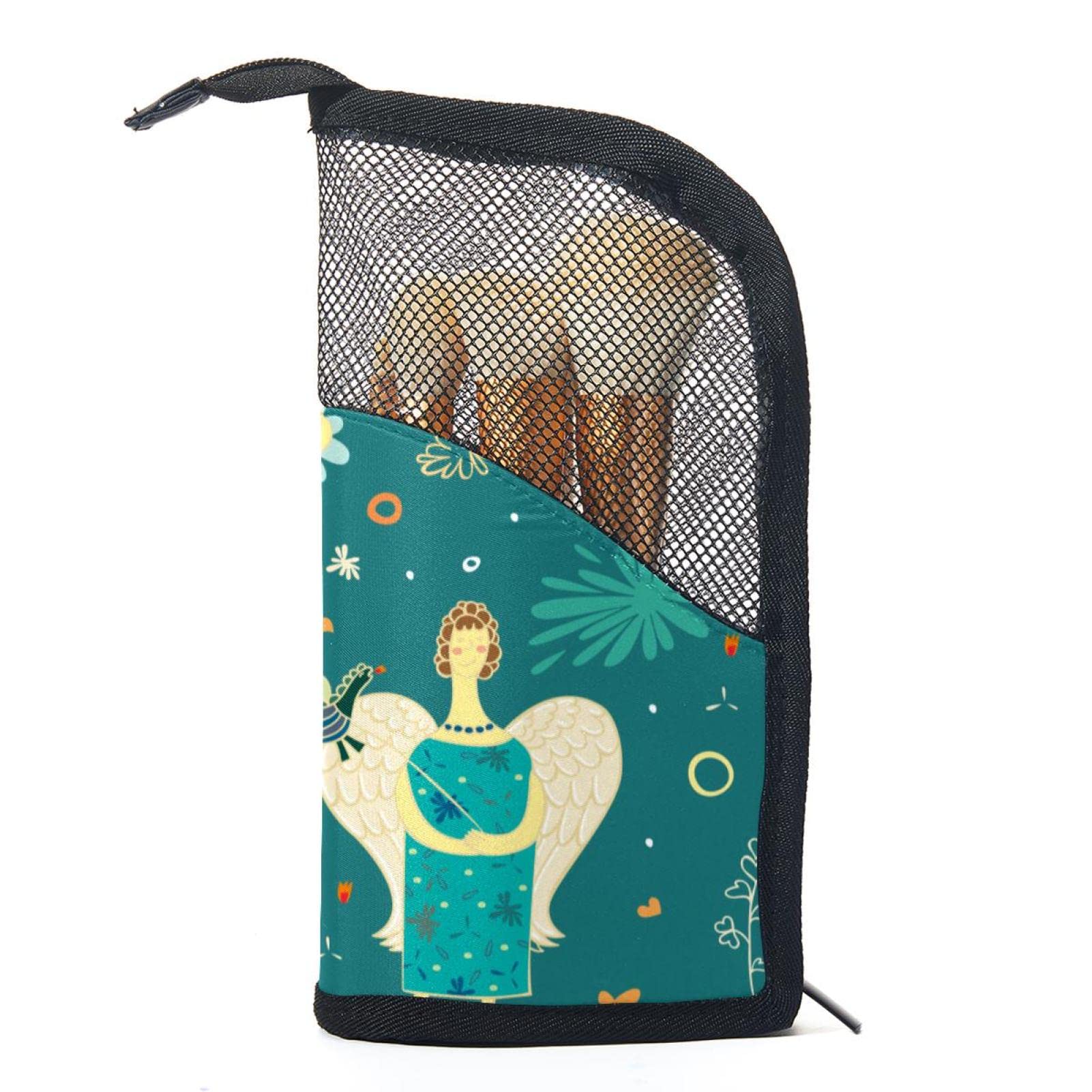 12-Piece Makeup Brush Organizer Bag with Green Angel Background - Portable Cosmetic Brush Holder Case for Women - Perfect for Travel, Home & Professional Makeup Artists