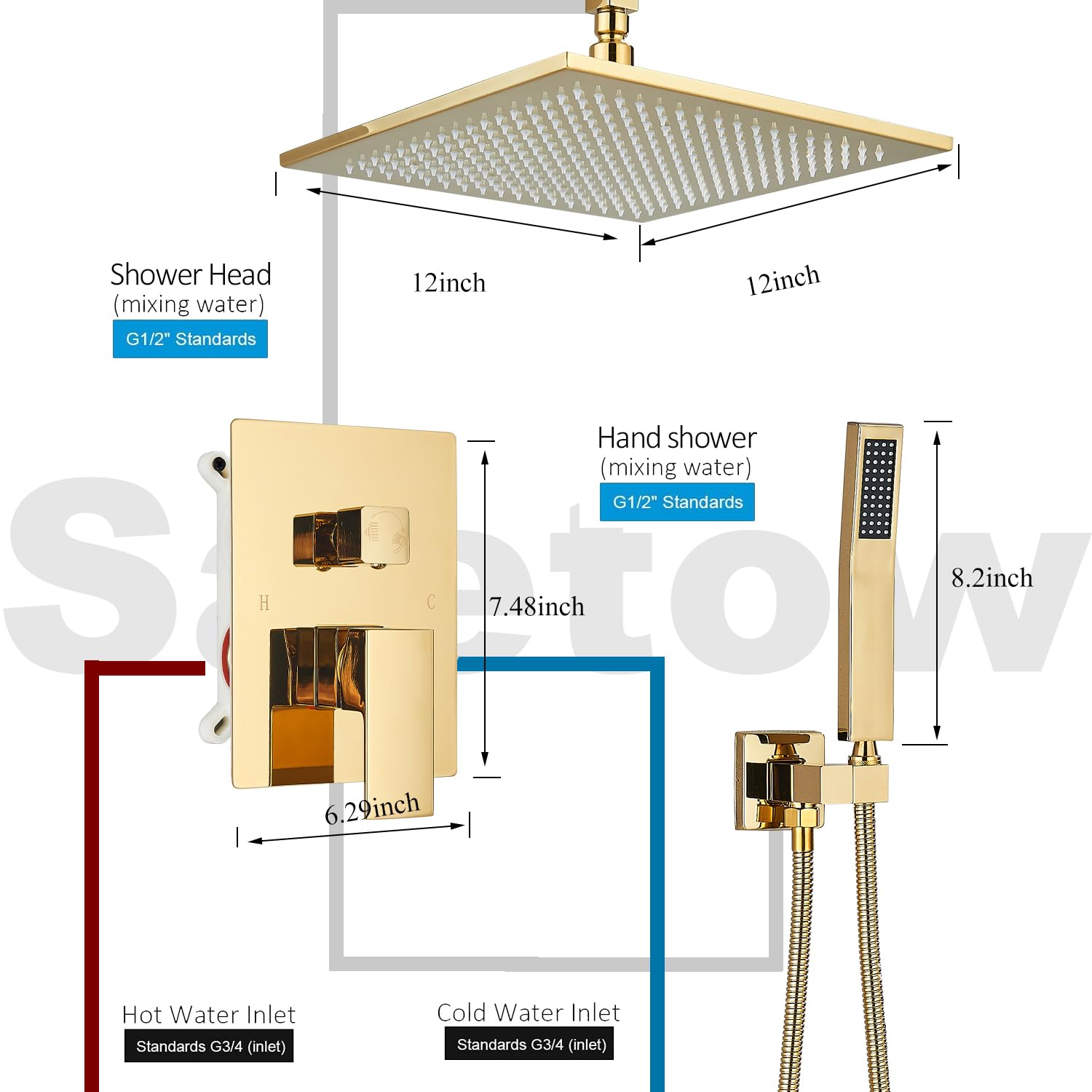 Polished Gold 12 Inch LED Square Rainfall Shower Head System - Ceiling Mount Shower Faucet Set with Hand Sprayer, Rough-in Valve Trim Kit & Bathroom Mixer (Perfect for Modern Luxury Bathrooms & Spa-like Showers)