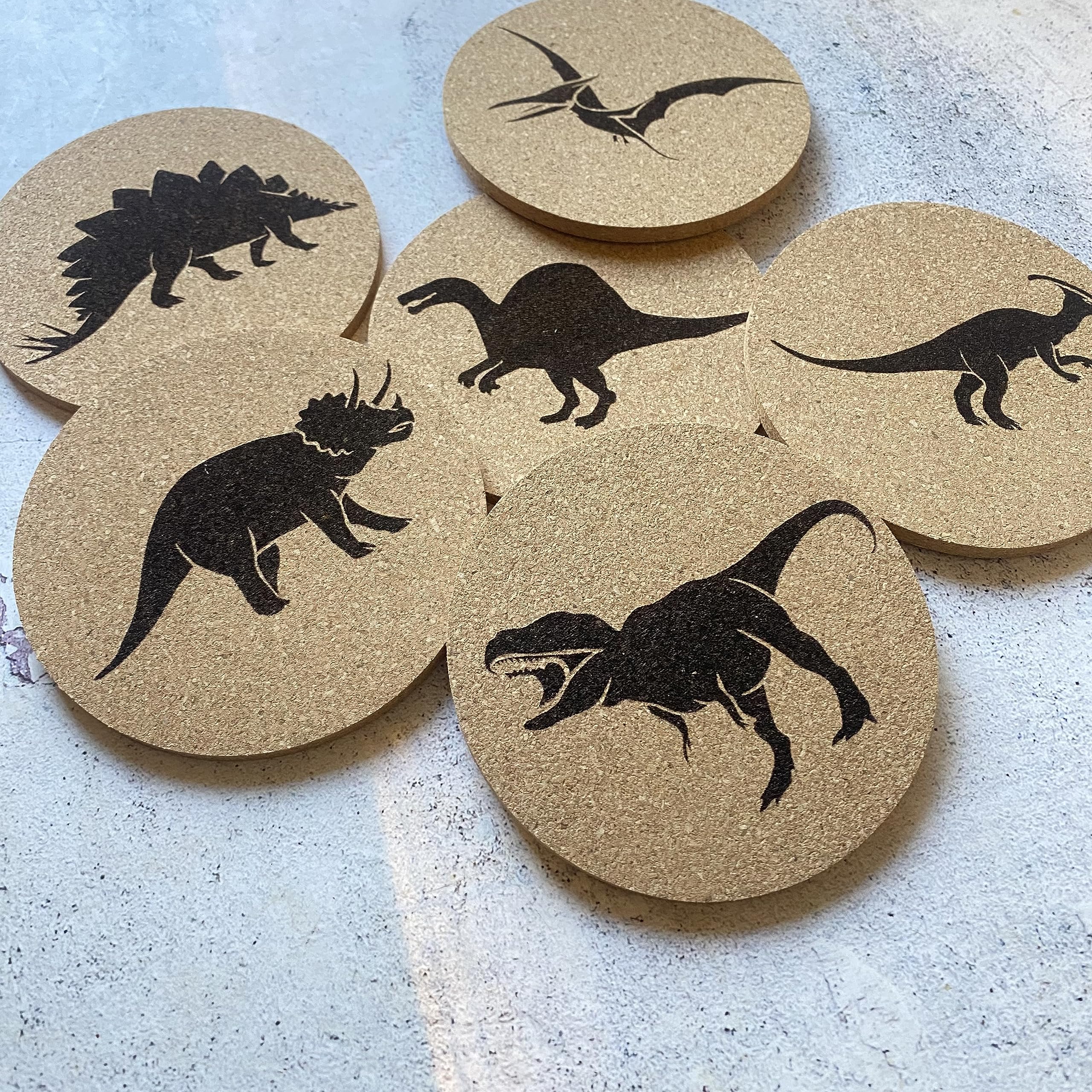 Dinosaur Themed Cork Coasters Set of 6 - Absorbent & Durable Drink Coasters for Home, Office, or Party Use