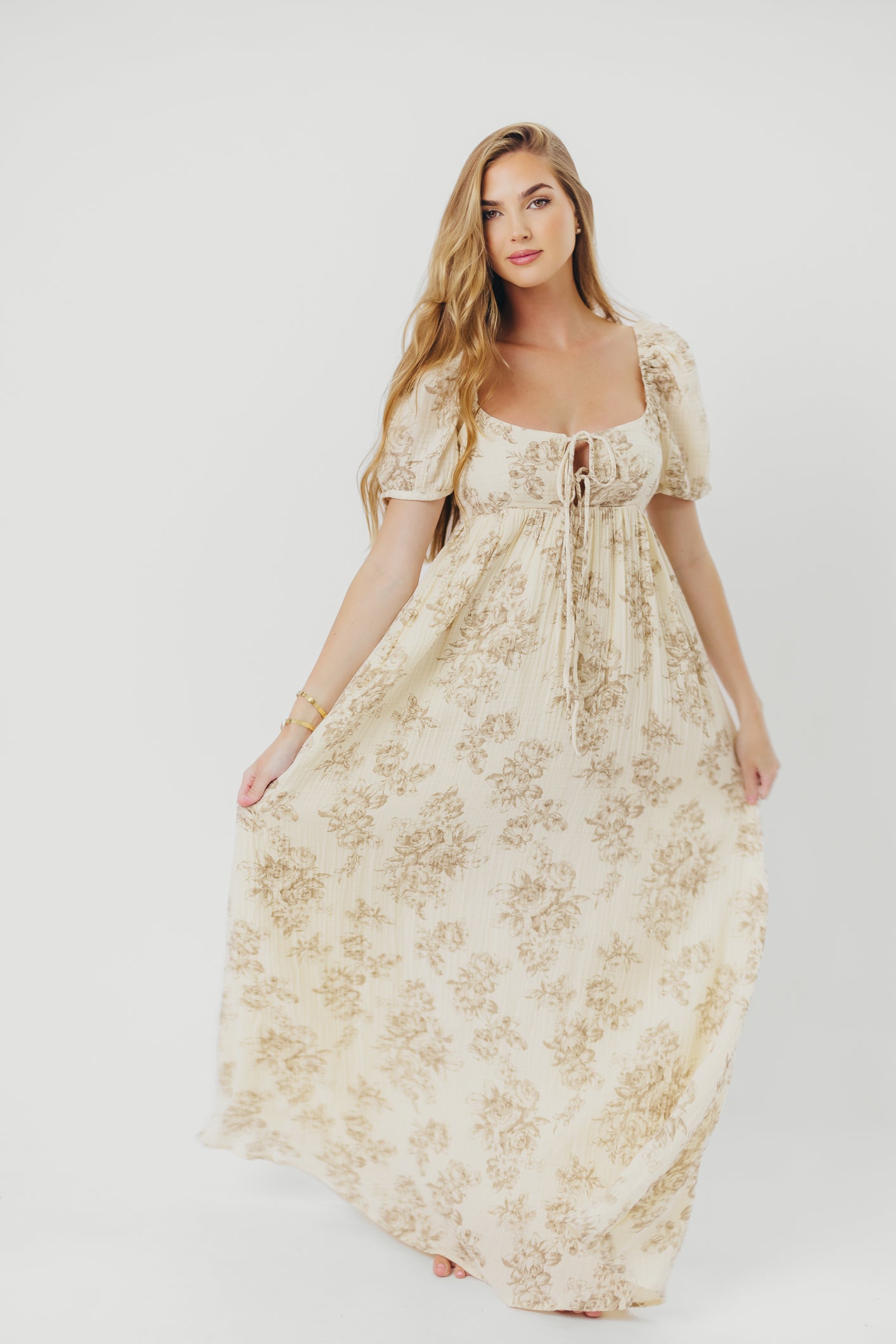 Haven 100% Cotton Tie Front Maxi Dress in Taupe/Brown Floral - Bump Friendly Maternity Dress for Women | Perfect for Pregnancy, Beach Vacations & Summer Outfits