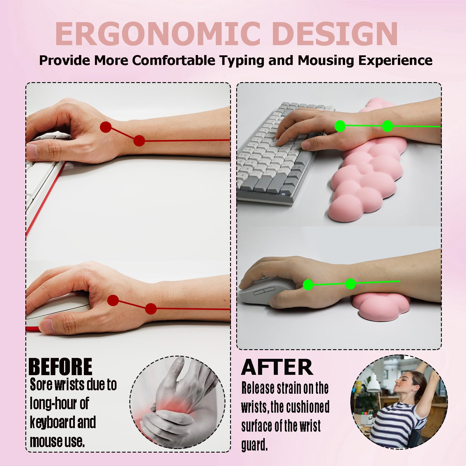 Ergonomic Keyboard Wrist Rest - PU Leather Memory Foam Cloud Pad for Pain Relief, Gaming, Office, Typing, Laptop & Computer Use, Pastel Pink for Comfort & Style