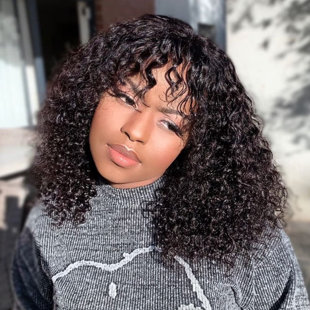 Brazilian Human Hair Wigs for Black Women - Short Curly Wigs with Bangs, 12 Inch, 200% Density, Glueless Scalp Top, Full Machine Made, Natural Color | Perfect for Daily Wear, Cosplay & Protective Styling