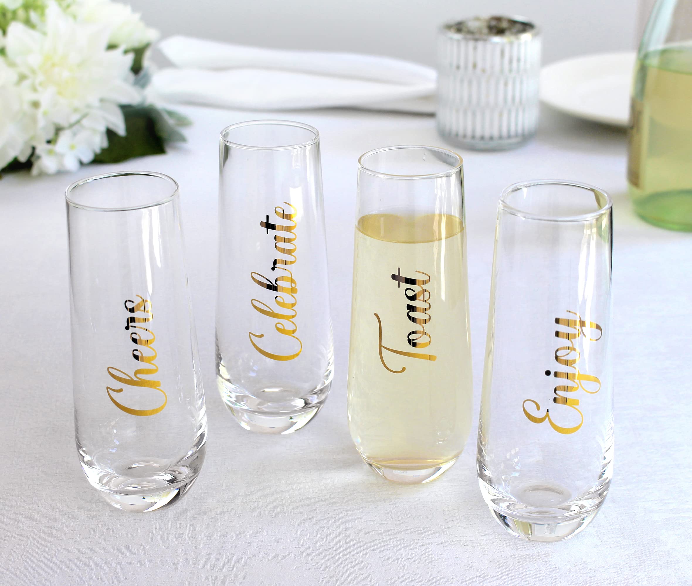 Lillian Rose Set of 4 Stemless Champagne Glasses with Inspirational Quotes - Perfect for Weddings, Bridal Showers & Romantic Celebrations