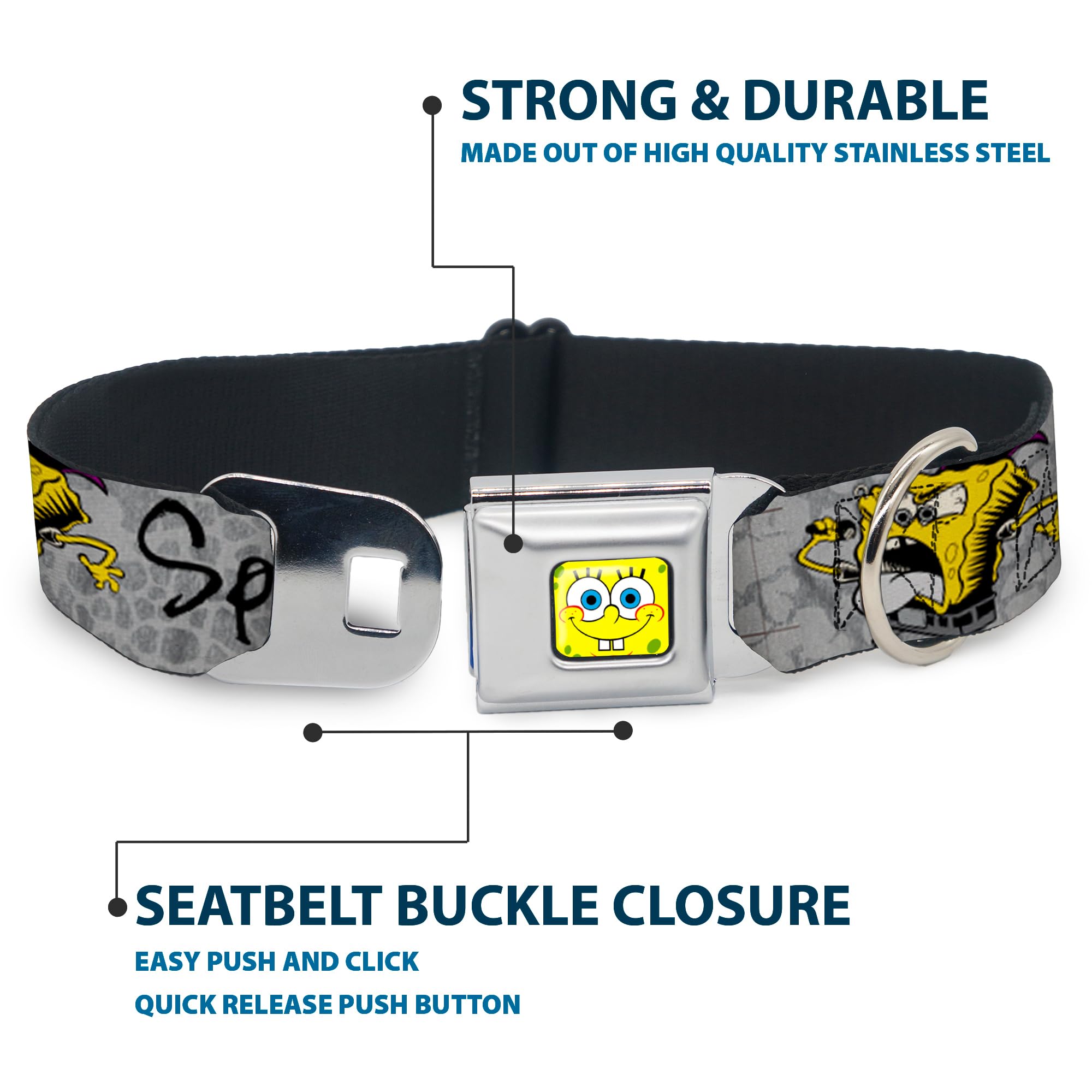**SpongeBob Dog Collar with Seatbelt Buckle - 3 Fun Poses, 1.5