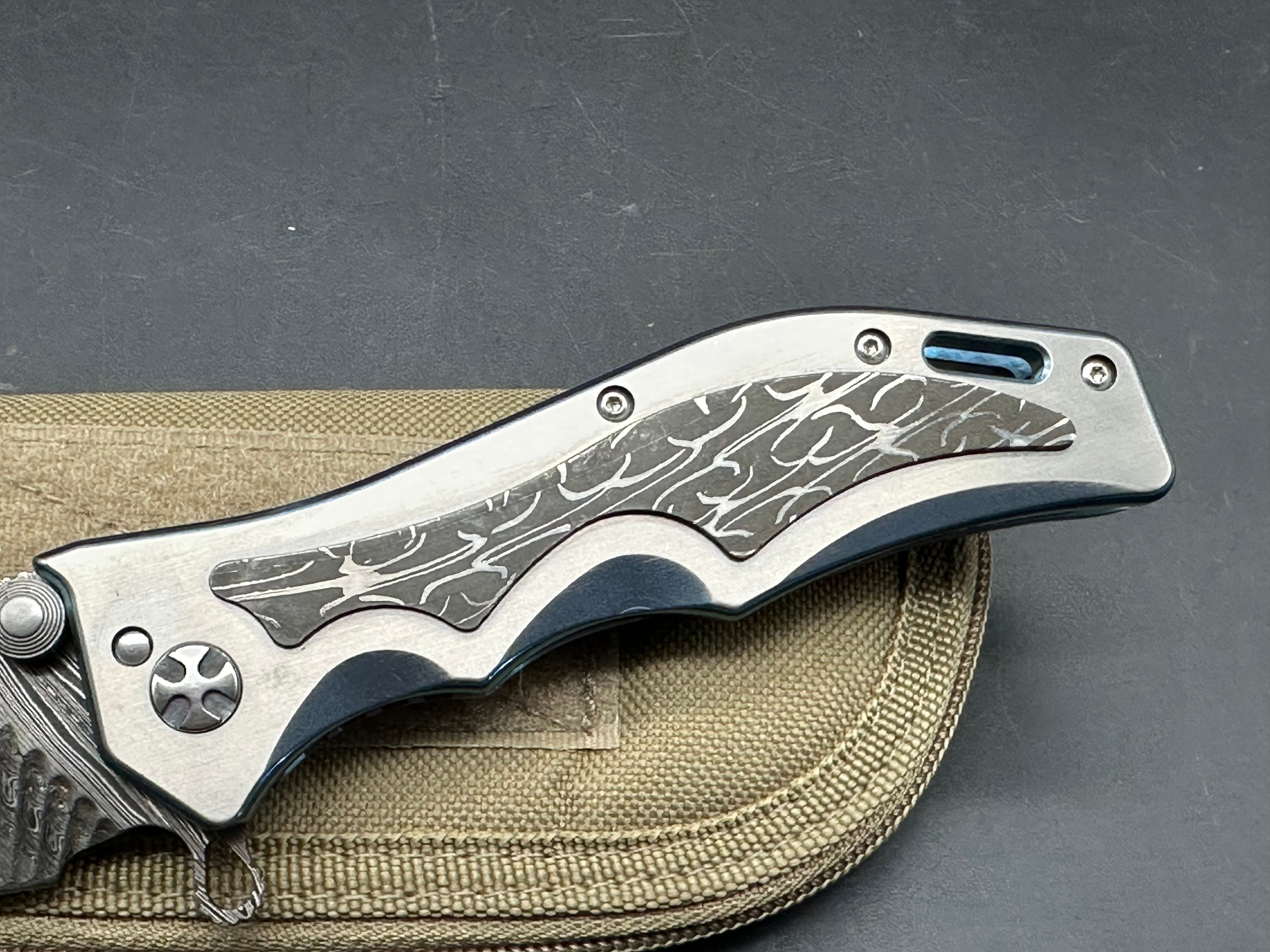 Darrel Ralph Custom Gunhammer Knife - Handcrafted Milled Damascus Steel Blade with Anodized Titanium Handle & Damascus Inlay | Tactical EDC, Outdoor Survival, Hunting, and Collector's Knife