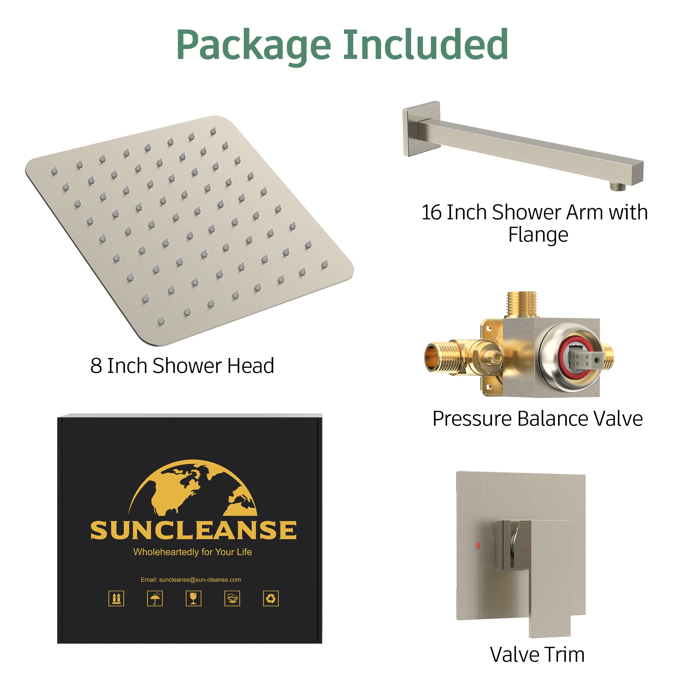 SunCleanse 8 Inch Square Shower Faucet Set with Valve - Brushed Nickel Single Handle Shower Trim Kit with Extra Long Shower Arm - Perfect for Modern Bathroom Renovations & Spa-Like Shower Experience