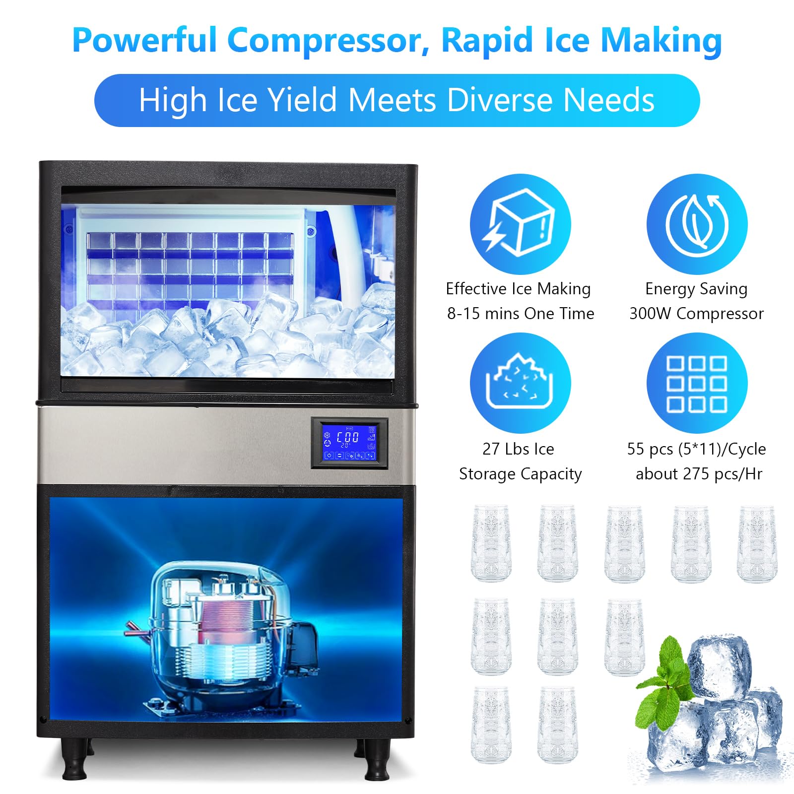 Pioneerworks Commercial Ice Maker Machine 110lbs/24H, Under Counter Self-Cleaning Ice Machine with 27lbs Storage Bin, LCD Display & Blue Light - Stainless Steel Ice Maker for Restaurants, Bars, Coffee Shops & Home Use - Perfect for Beverage Service, Parties & Commercial Kitchens