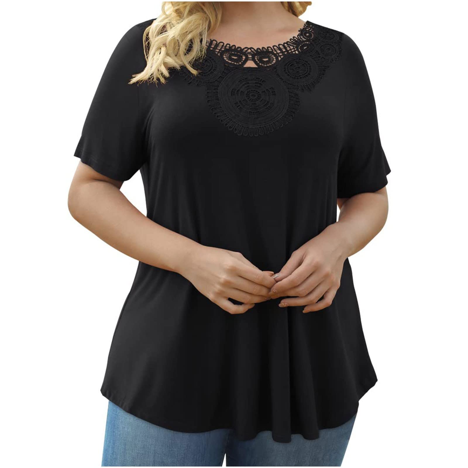 Trendy 2022 Plus Size Flowy Summer Tops for Women - V Neck Lace Patchwork Short Sleeve Casual Tunic T-Shirts | Comfortable & Breathable for Beach, Vacation & Everyday Wear