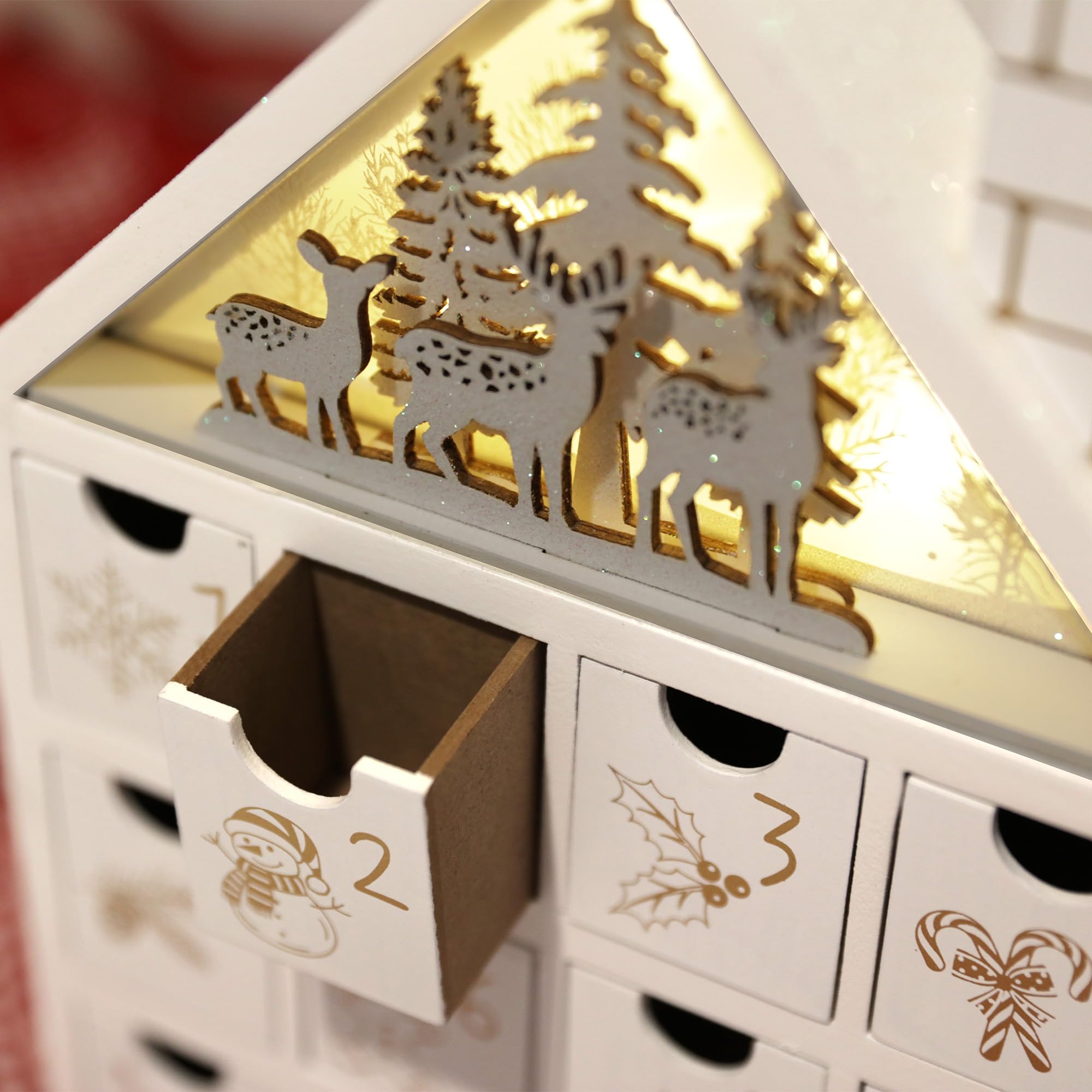 Wooden Christmas Advent Calendar House with 24 Drawers & LED Lights - Holiday Countdown Calendar for Christmas Decorations 2023, Candy Storage Box (White Forest) - Perfect for Home, Office & Gift Giving